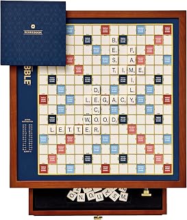 WS Game Company Scrabble Legacy Edition Board Game with Rotating Cherry Wood Cabinet, Raised Letter Tile Grid, Integrated Storage Drawer, Cast Resin Letter Tiles, Deluxe Crossword Board Game, Ages 8+