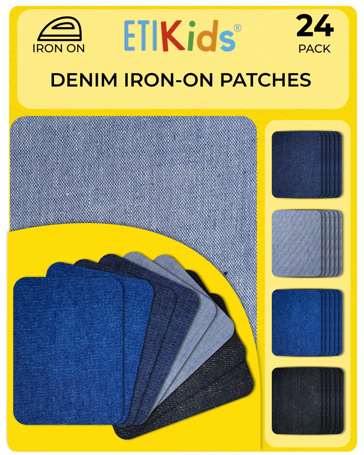 Iron-On Patches, Rectangular, Ideal for Repairing or Decorating Clothes, Cut-to-Size, Easy to Apply. Size: 8.7 x 10 cm (Denim, 24 Patchs)