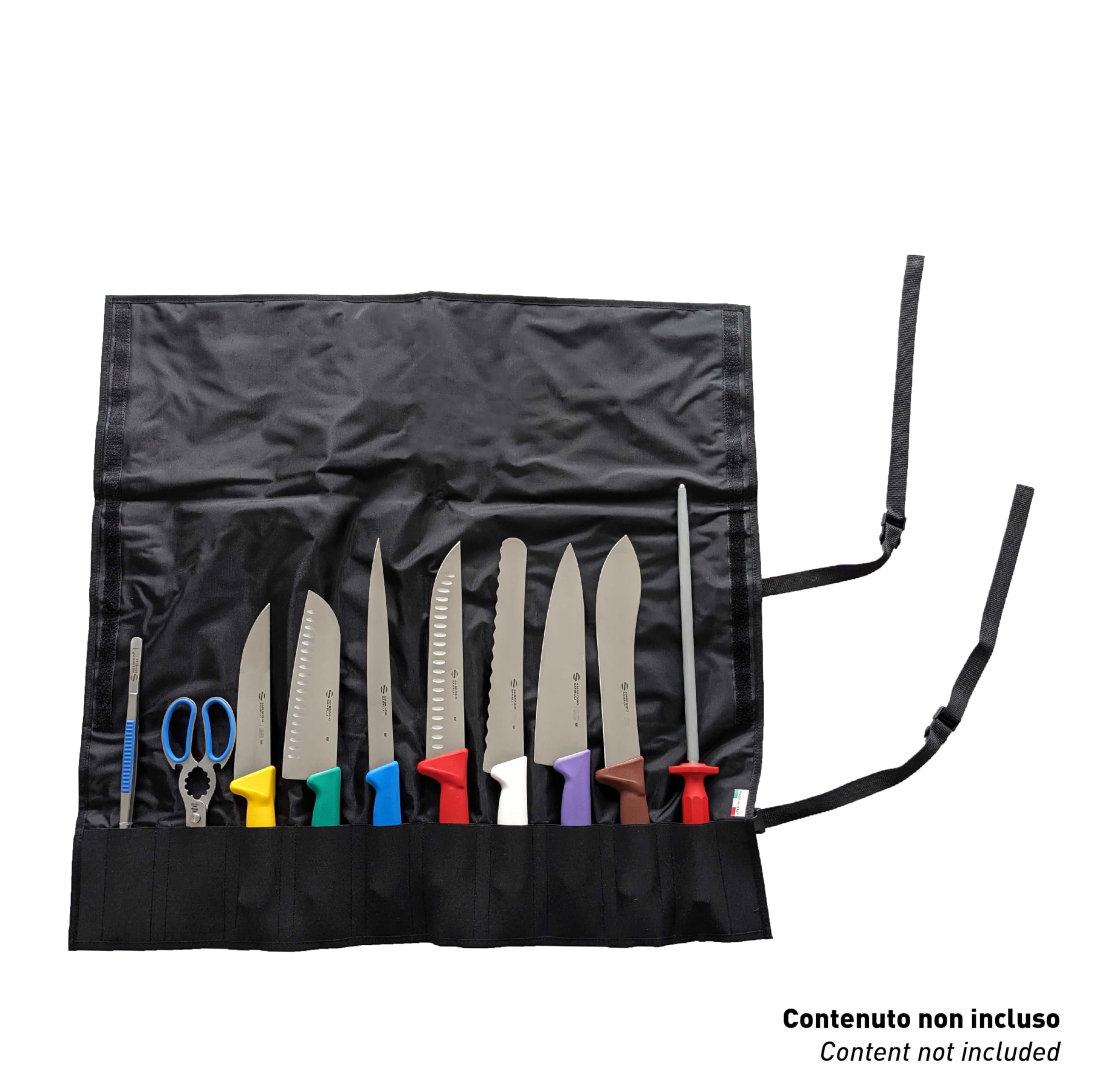 Ambrogio Sanelli, Rotolo Porta coltelli Chef, Custodia per 10 Coltelli/Accessori, Adatto per Lame fino a 30 cm, 2 Fibbie Regolabili e Maniglia per il Trasporto, Pratico e Sicuro, 75,5 x 72 cm