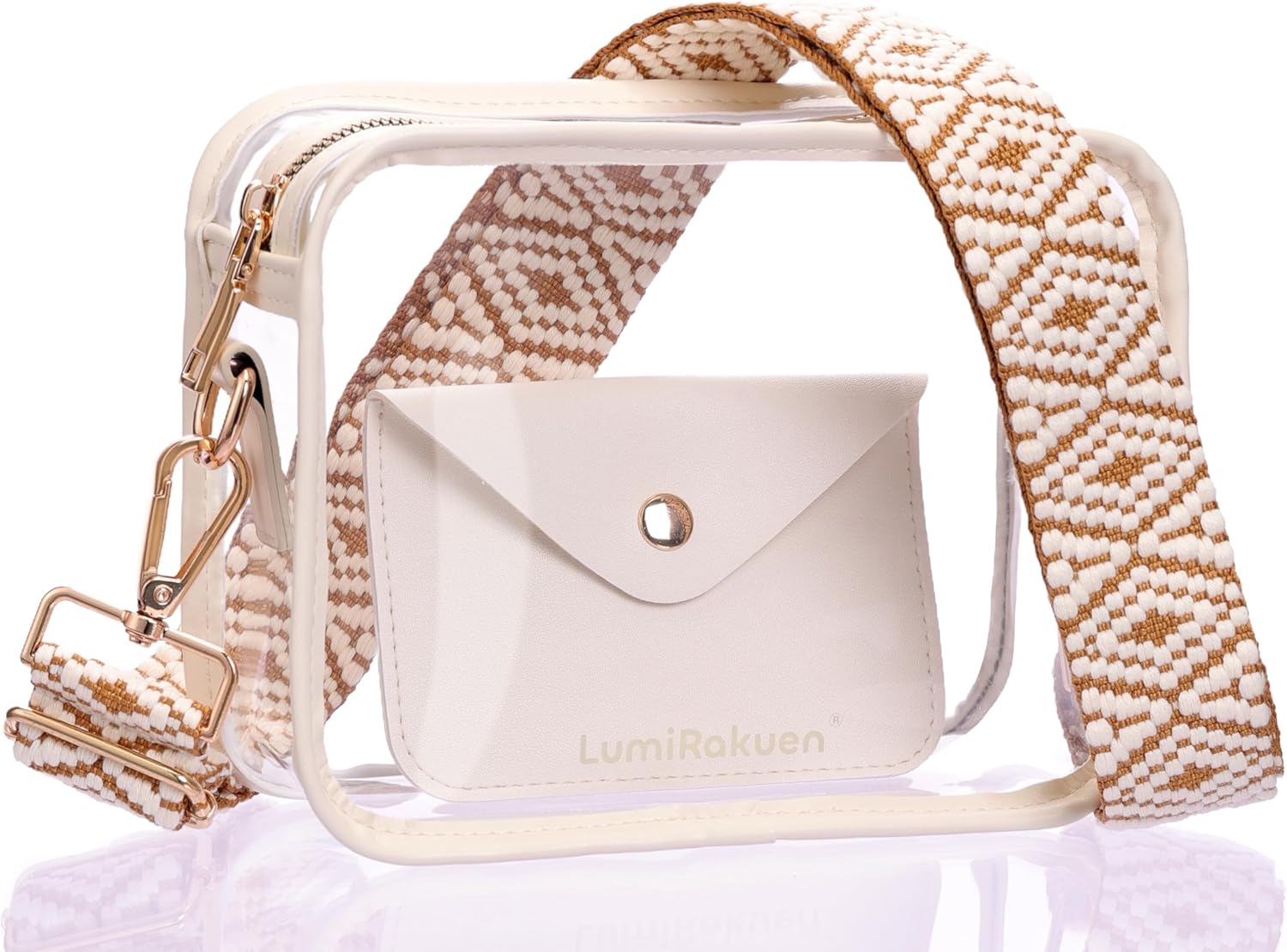 Clear Crossbody Purse Stadium Approved, 3-in-1 Small Bag with Guitar Strap & Pouch, Fits 12x6x12 Policy Concerts | For 12x6x12 Venues, Extra Privacy Pouch, Adjustable 27" - 51", Soft Woven Texture, Vegan Leather Trim, Thick 0.8mm Material