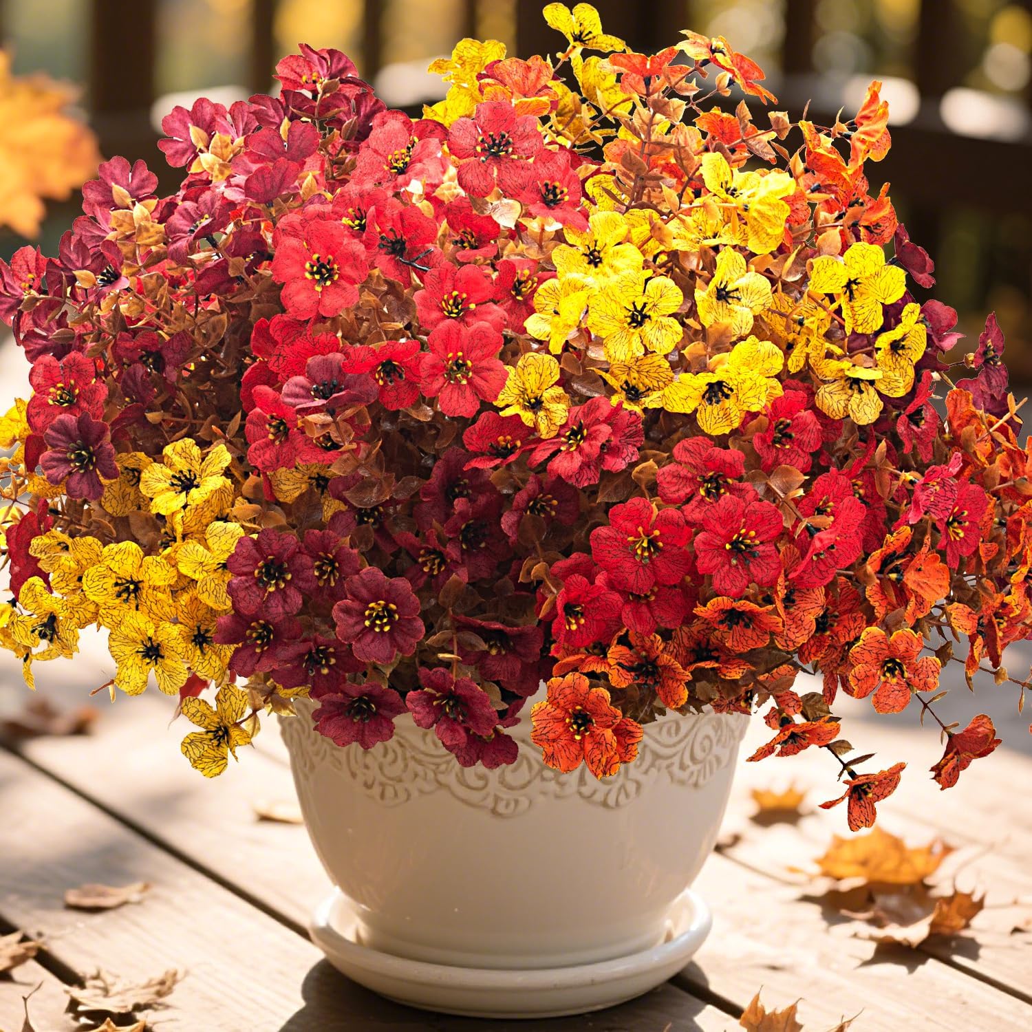 16 Bundles Artificial Fall Flowers Outdoor UV Resistant, Faux Greenery for Hanging Planters & Window Box - No Fade Thanksgiving Christmas Decor, Garden Porch Wedding (Mixed Colors) Fall Coffee
