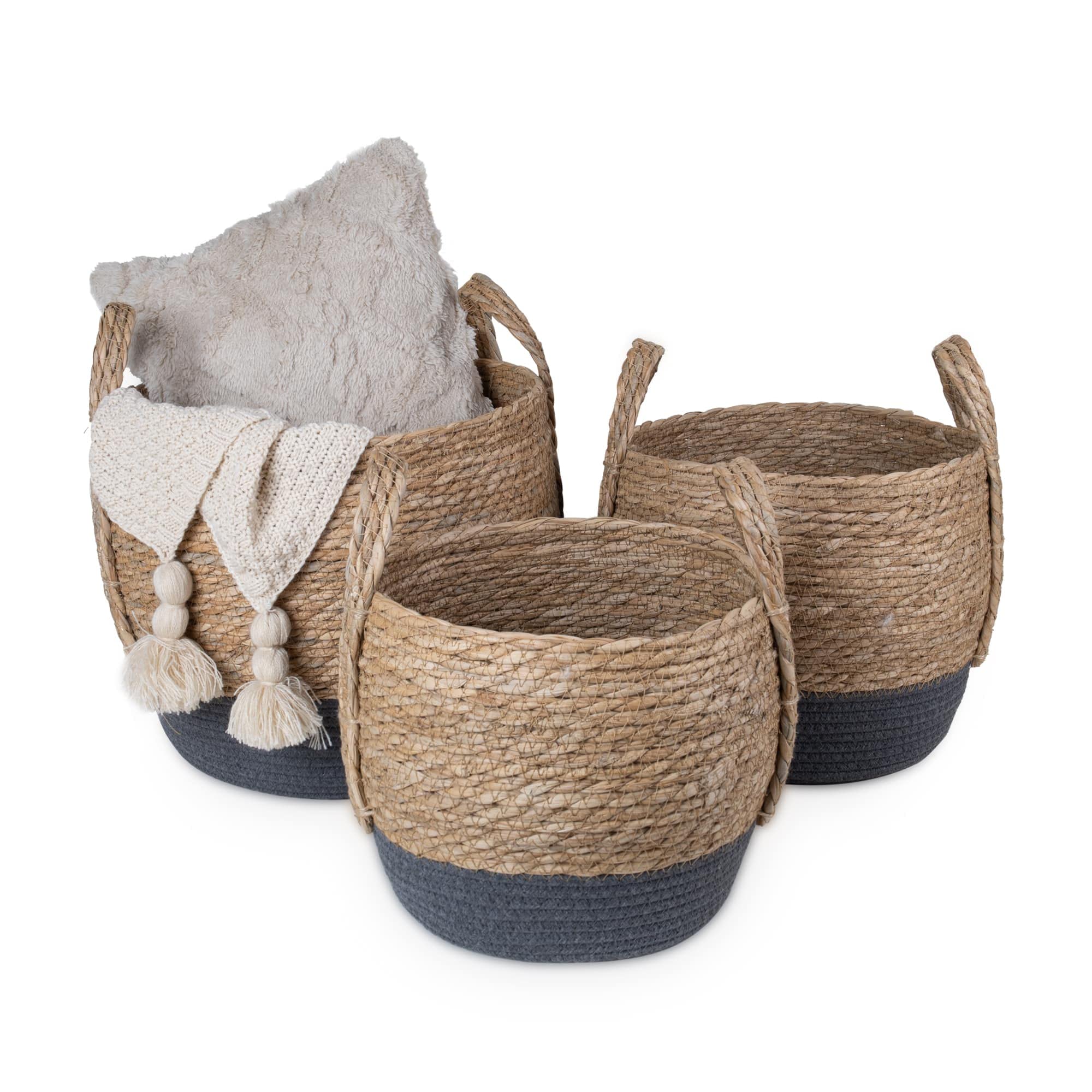 Eden & Willow Natural Straw Woven Plant Storage Basket, Home Organisation Hamper Basket with Handles (Grey, Set of 3) — image 1