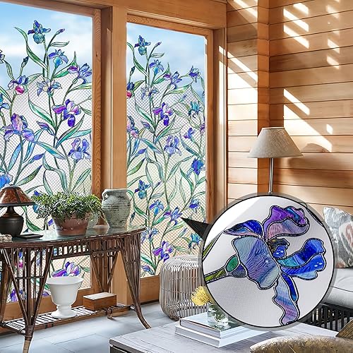 Miniatura 25 de Windimiley Película de privacidad para ventana de vidriera: 3D arcoíris floral decorativo esmerilado estático para baño, control de calor, bloqueo