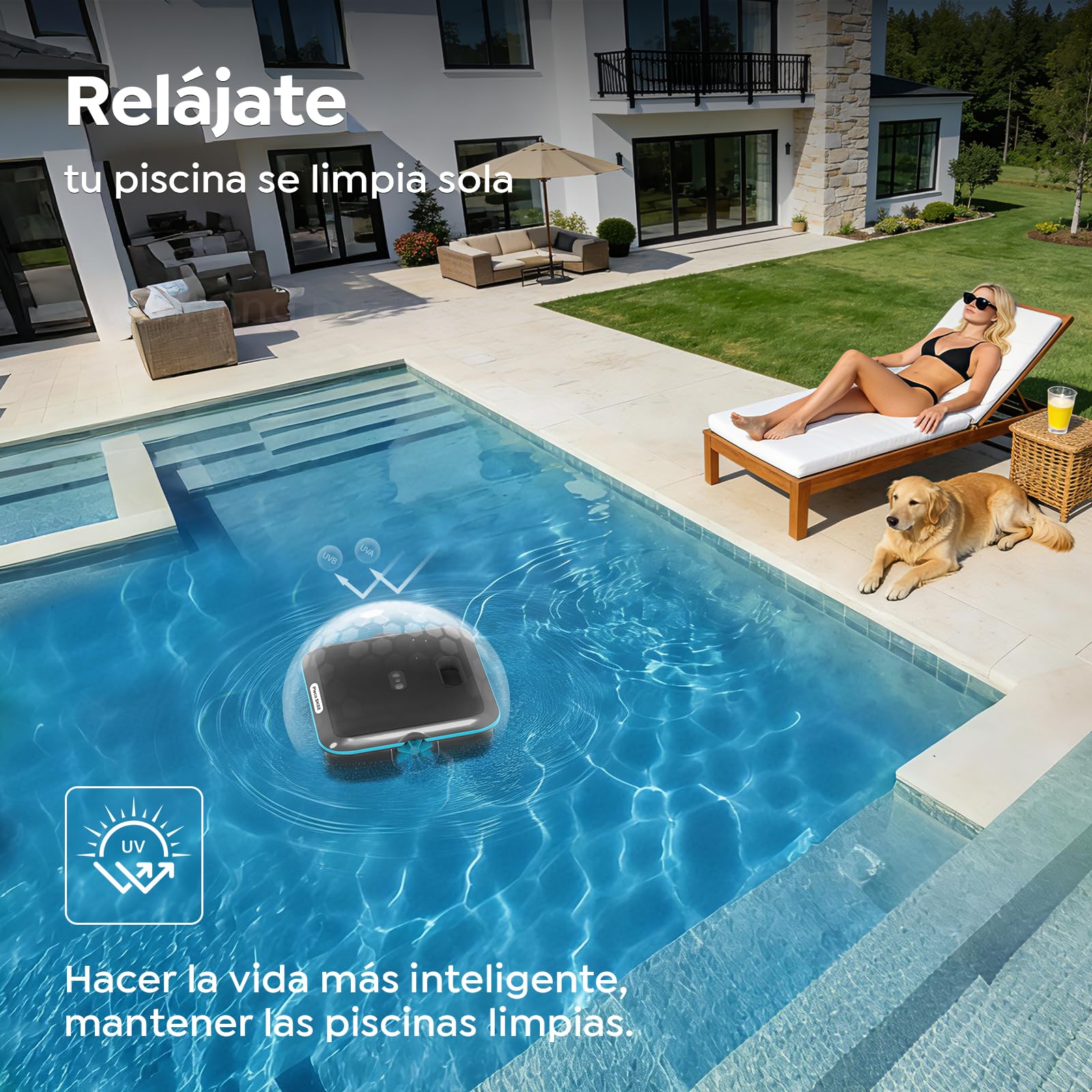 SK02 Robot Limpiafondos Piscina, Skimmer de Piscina Solar con Control App,Carga Dual, Sensor de Temperatura, Limpiador de Piscina Skimmer Automático 24/7