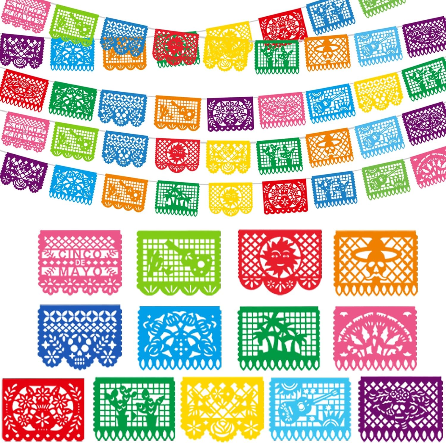 216FT Cinco De Mayo Decorations, 12 Pack Mexican Party Banner, 3 Styles Colorful Papel Picado Plastic Fiesta Hanging Banner String Flags Mexican Theme Party Dia De Los Muertos Day of the Dead Decor