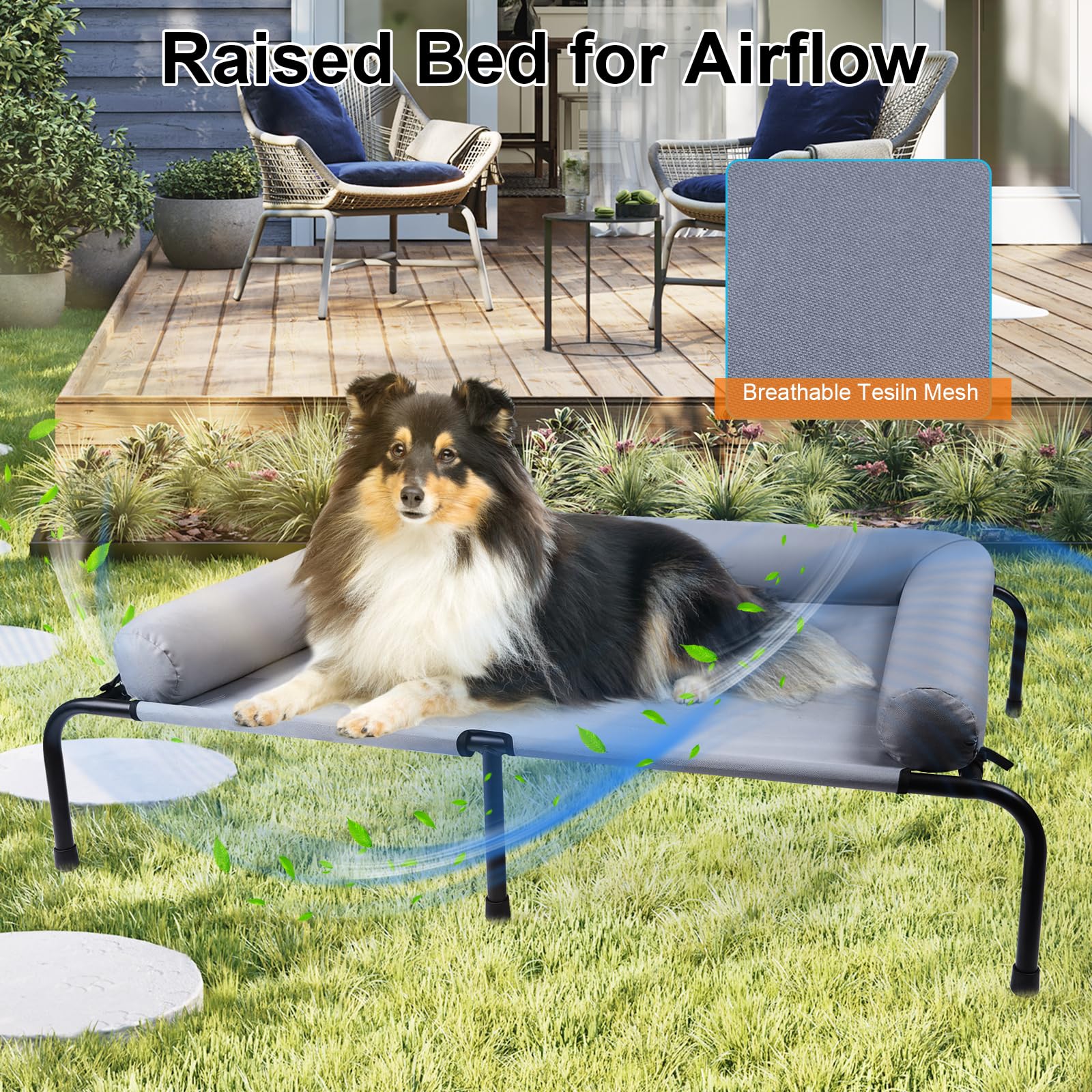 Large Elevated Dog Bed with Pillows, Outdoor Cooling Raised Pet Bed with Bolster, Indestructible Chew Proof Dog Cot with Breathable Teslin Mesh, Washable Durable Dogs Hammock for Large Indoor(XL) - image 5