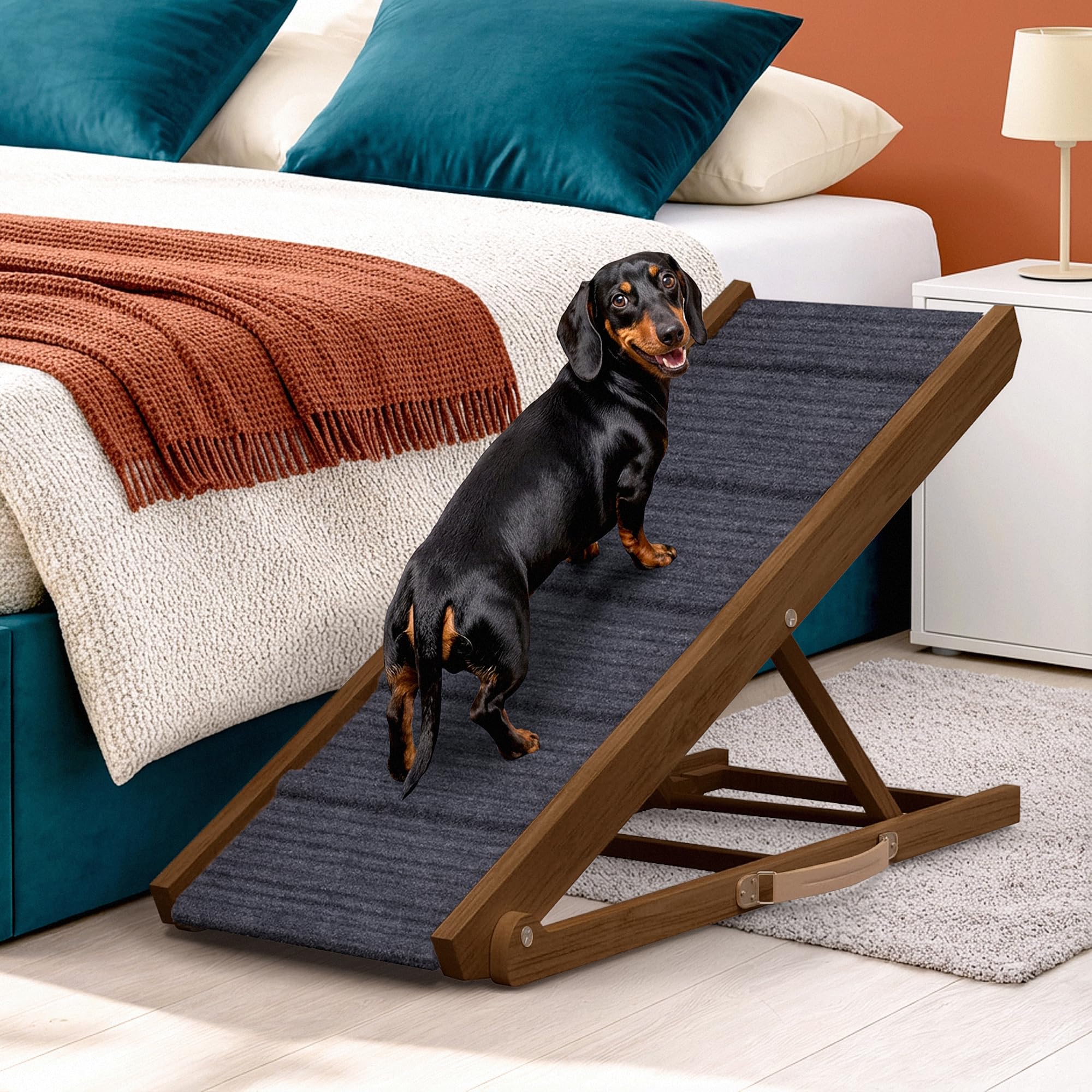 PATHOSIO PETS Dog Ramp for Bed Small Dog to Medium Dog for All Breeds - 40" Long, Adjustable 11"-23" Dog Ramp for Couch, Bed or Sofa, Folding Portable Wooden Dog Ramps (Walnut Wood-Grey Carpet)