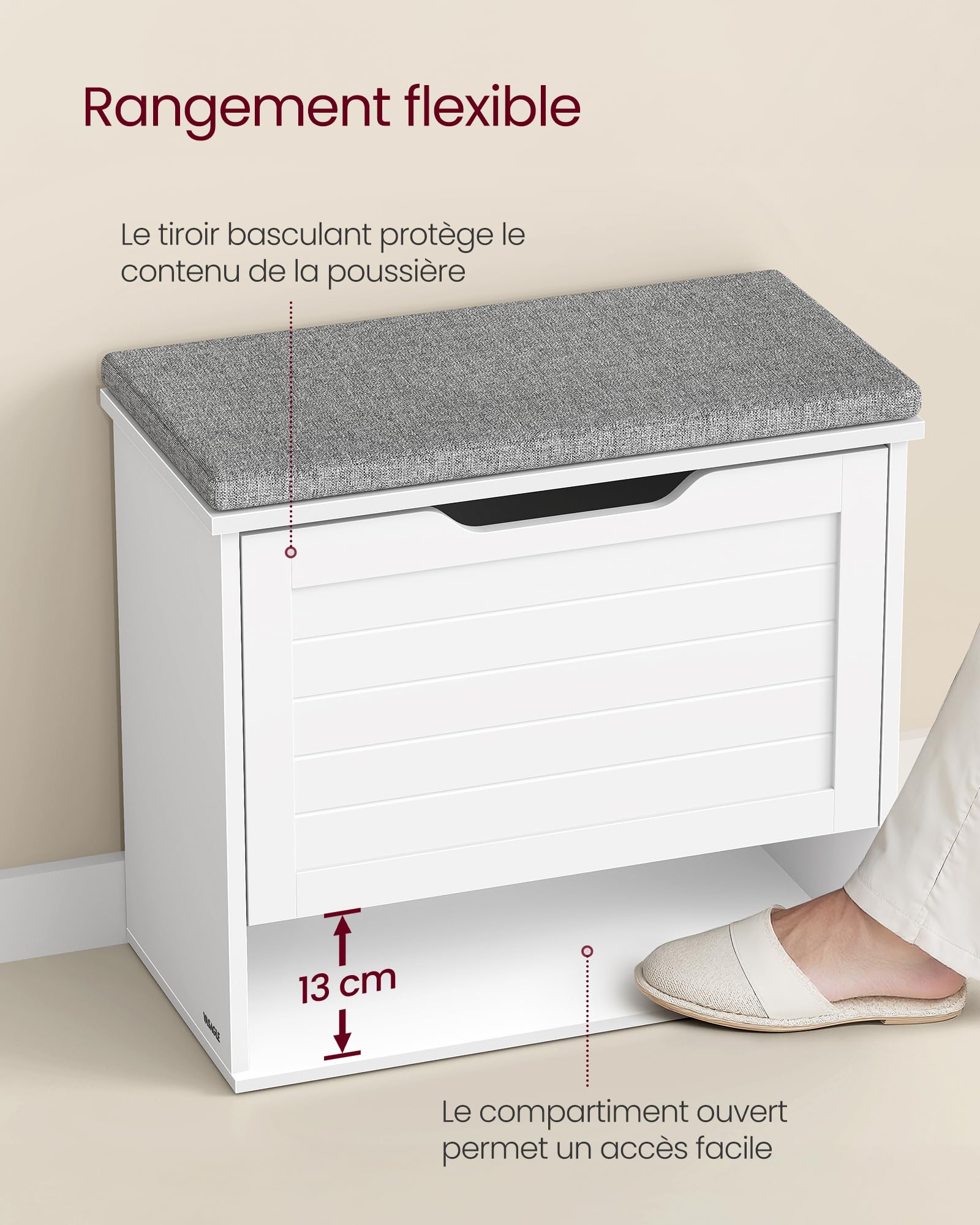 VASAGLE Banc à Chaussures Rembourré, Meuble d’Entrée sur 3 Niveaux pour 6 Paires de Chaussures, Tiroir Rabattable, 30 x 60 x 53,5 cm, pour Entrée, Chambre, Blanc Nuage et Gris Tourterelle LSB121WB01