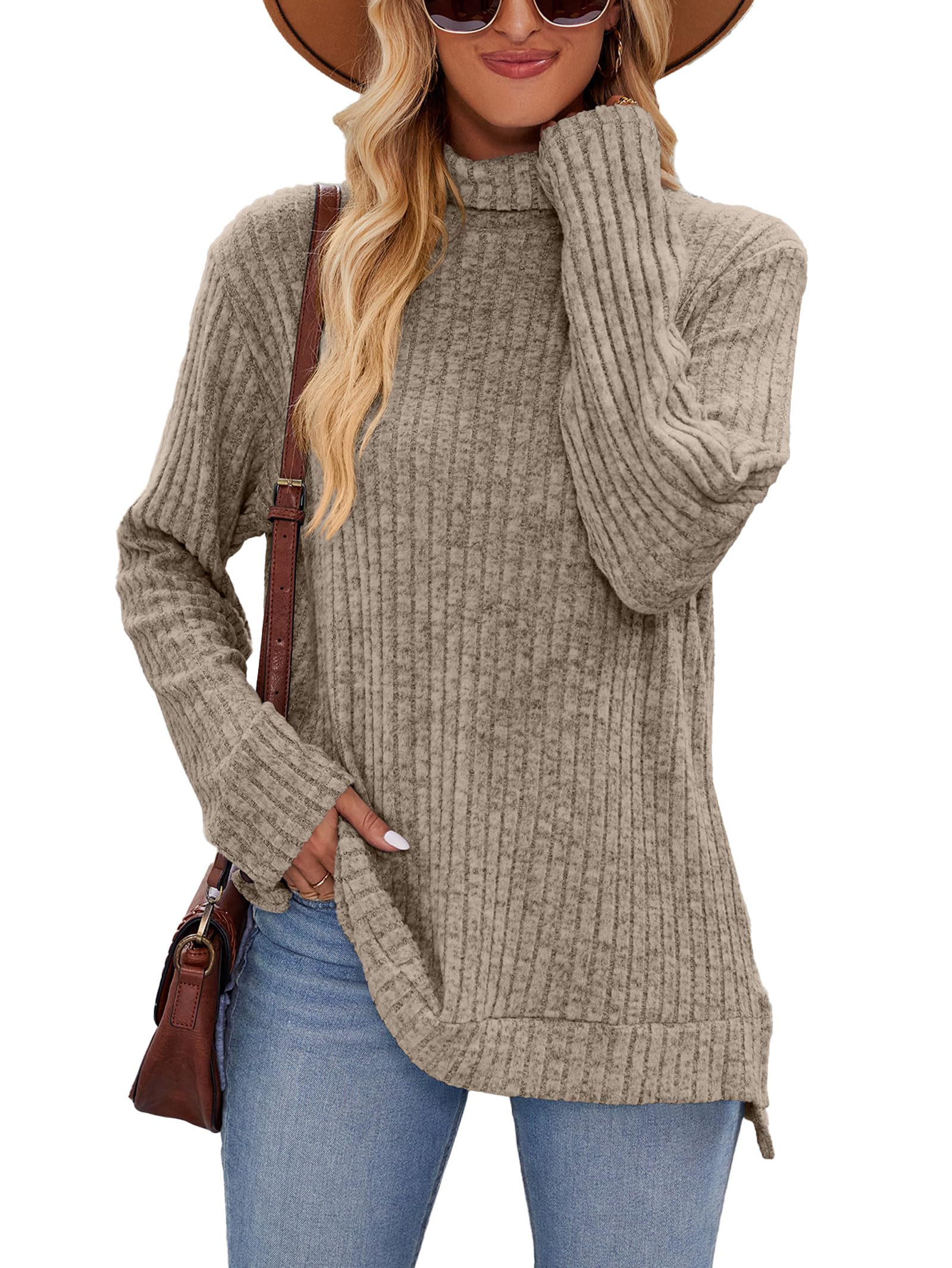 Famulily Rollkragenpullover für Frauen, übergroße Herbst Winter Langarm Pullover Side Splits Tunika Tops