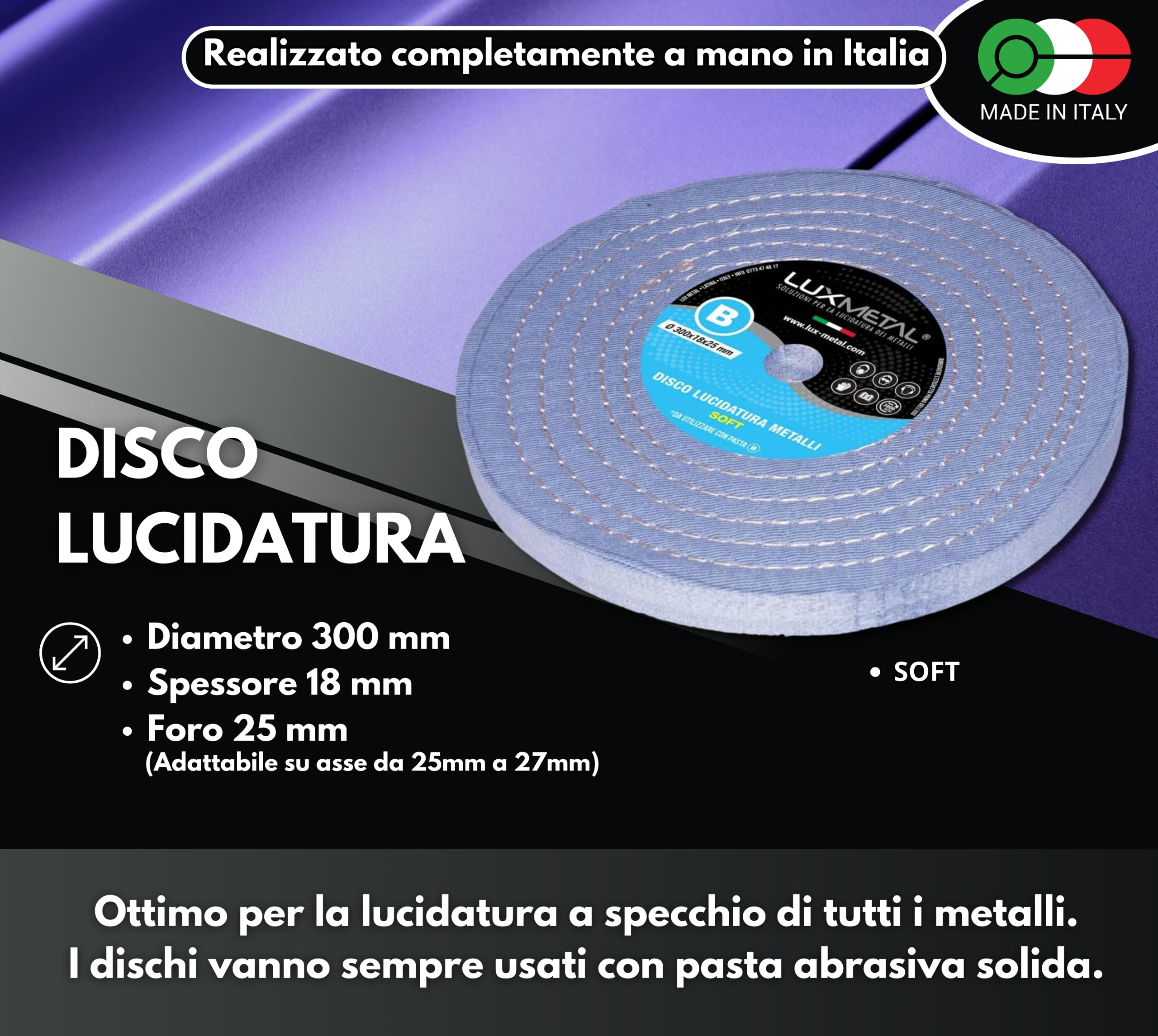 Disco Lucidatura In Feltro Cotone 300mm - Per Lucidare Metalli A Specchio, Acciaio Inox, Alluminio