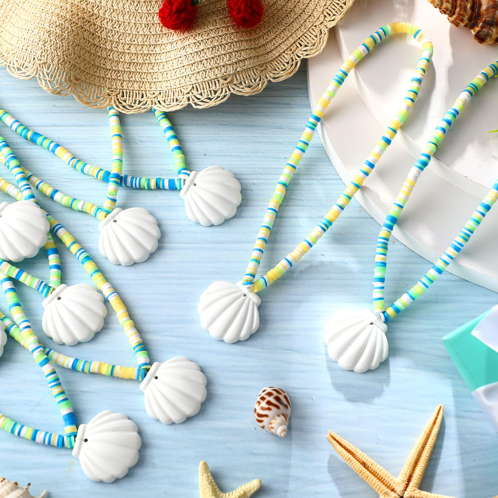 Ferreve 12 Pcs Seashell Necklaces Mermaid Party Favors Seashell Clay Beaded Necklace Set Under the Sea Mermaid Birthday Goodie Bags Beach Themed Ocean Party Supplies