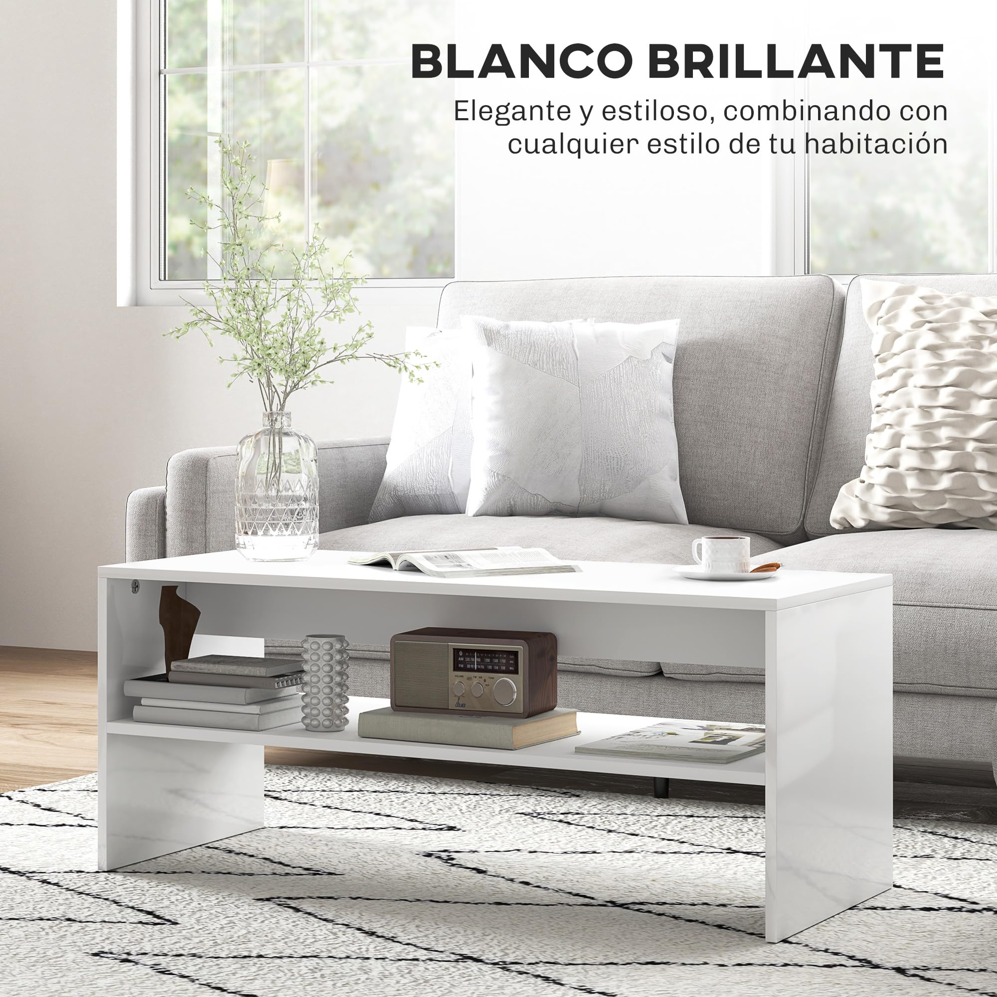 HOMCOM Mesa de Centro Mueble Auxiliar con Compartimento Abierto Mesa de Café para Salón Comedor 100x40x41,5 cm Blanco Brillante