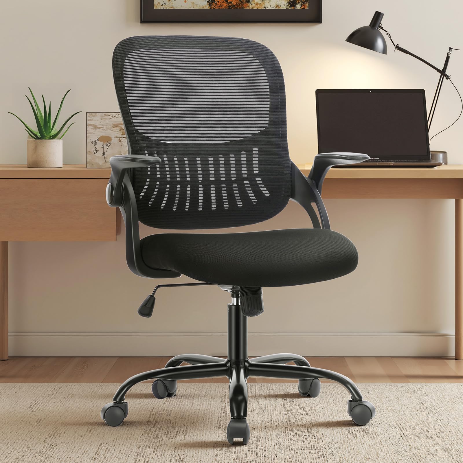 Sweetcrispy Home Office Managerial Executive Chair, Ergonomic Mesh Adjustable Swivel Mid-Back Chair with Comfortable Lumbar Support, Comfy Arms for Bedroom,Study,Student