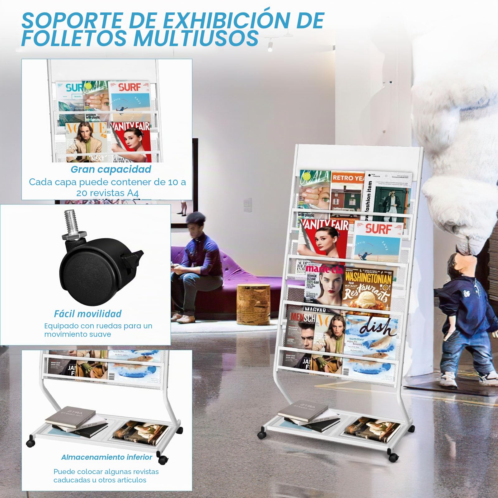 SUNDOY Soporte para folletos y revistas – Soporte inclinado para libros y revistas con 4 estantes (blanco, 4 capas, 59,5 cm de ancho)