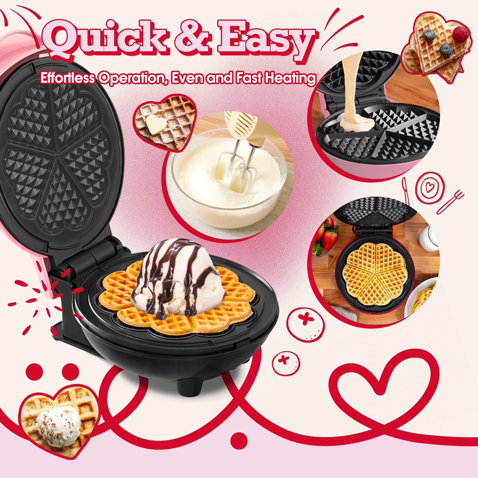 Waffeleisen (Herz), kleiner Waffelmacher, Keto, Mini-Waffeleisen für Kinder, Familie und Einzelpersonen, 17,8 cm, antihaftbeschichtete Kochplatten mit schneller und gleichmäßiger Erwärmung