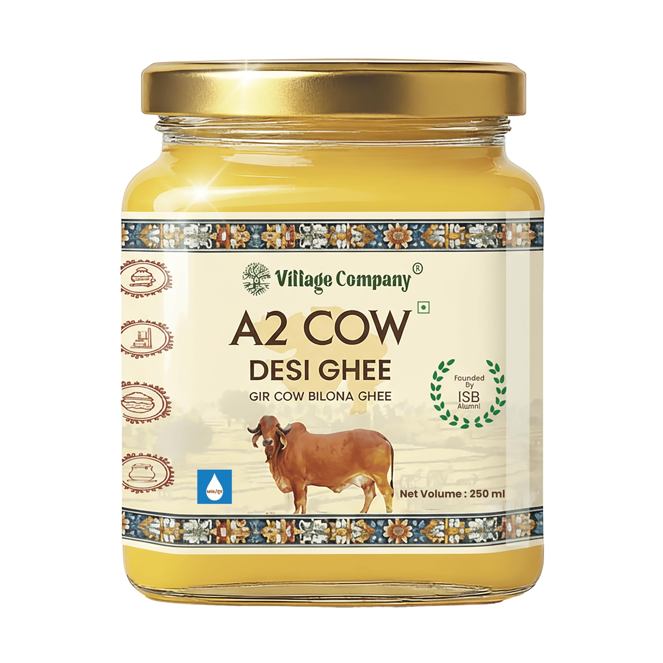 Village Company A2 Cow Desi Ghee 250ML | Gir Ghee Vedic Bilona Method | Organic Pure Natural | Two Way Curd Churned - Best Farm Fresh Grass Fed Cattle Milk | India Lab Certified | Glass Jar 250 ML
