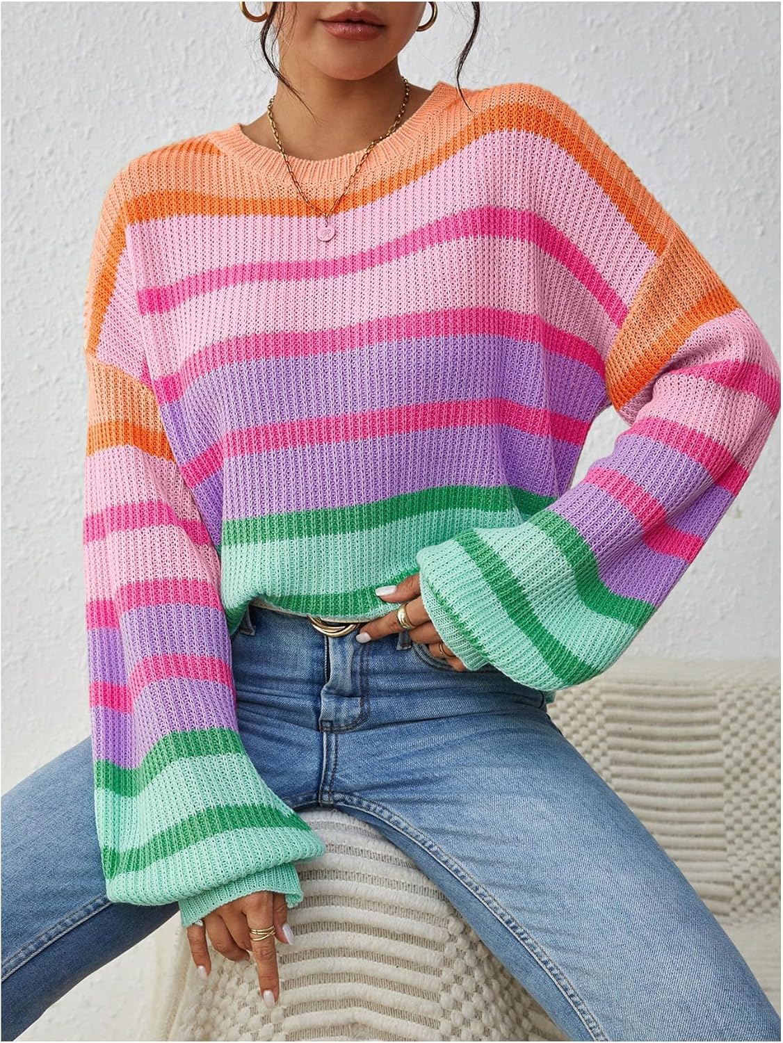 Verdusa Women's Striped Oversized Sweaters Trendy Fall Knit Tops Cozy Pullovers Color Block Sweater - Image 3