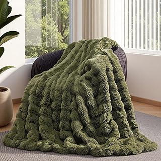 Lotus Karen Faux Fur Throw Blanket Dark Green - 800 GSM Bubble Rabbit Fl...
