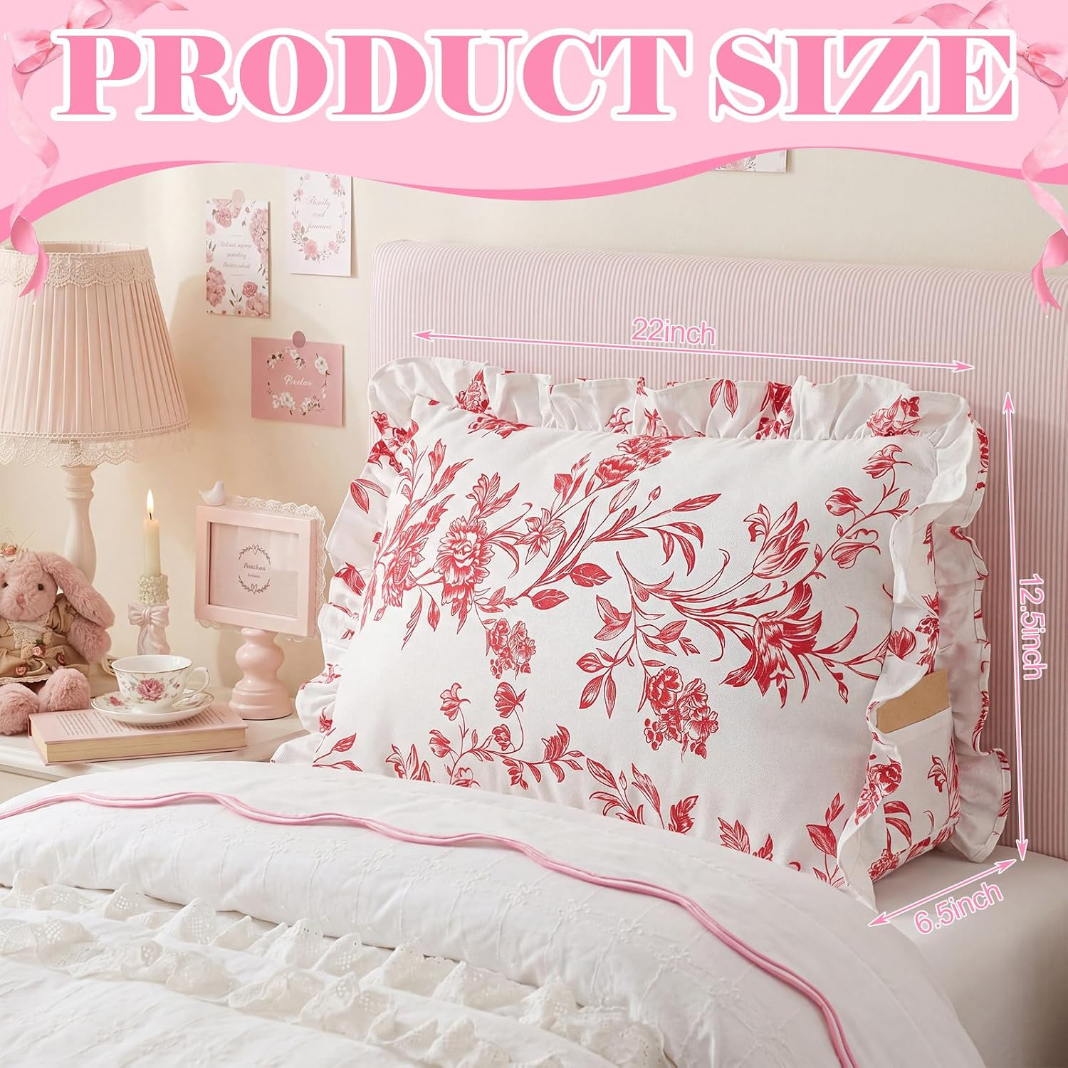 Geetery Floral Ruffle Headboard Wedge Pillow Pink Headboard Wedge Garden Damask Backrest Support Triangular Cushion with Side Pocket for Bed Reading Relaxing Decorative Pillow with Removable Cover