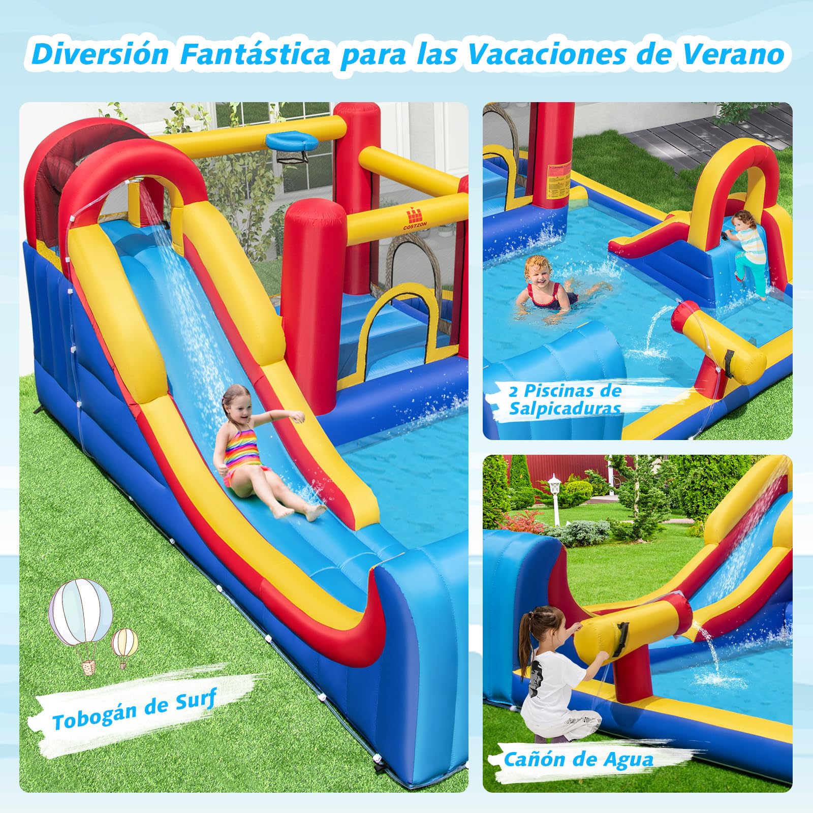 COSTWAY Castillo Hinchable Grande, Parque Acuático Infantil con Doble Tobogán, 2 Piscinas, Área de Salto y Aro de Baloncesto, 450 x 392 x 216 cm, para Jardín Patio, Multicolor (sin Soplador)