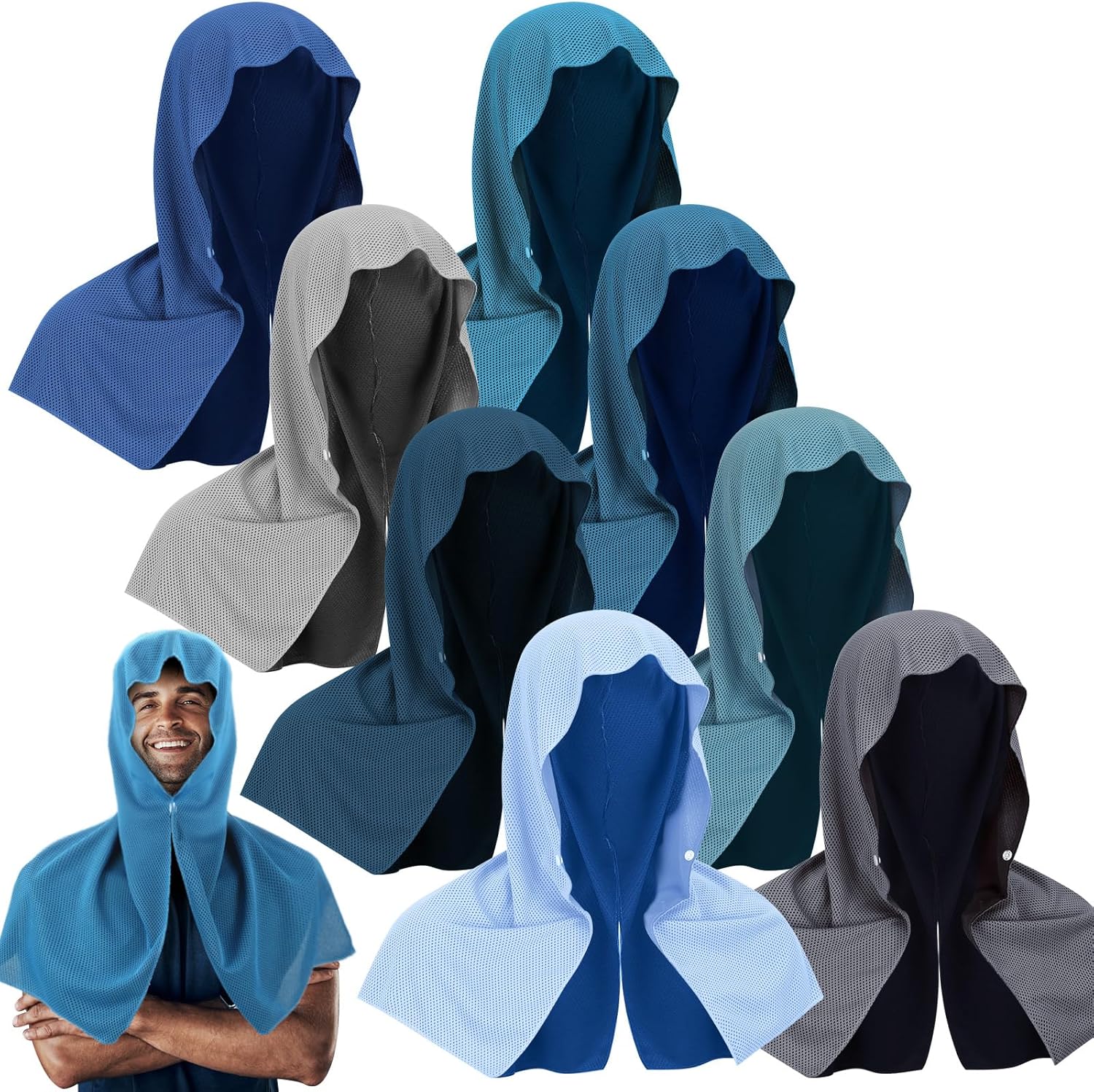 Coume 9 Pack Cooling Hoodie Towels for Neck and Face Absorbent Quick-Drying Instant Cooling Towels UV Protection Neck Wraps Soft Breathable Towel for Sport Workout Gym