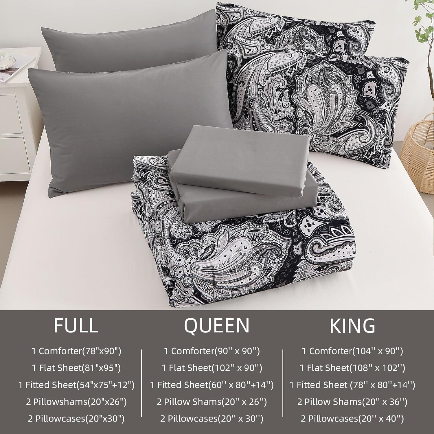 DJY Black Paisley Comforter Set King Size, 7 Piece Bed in a Bag Black Gray Boho Paisley Pattern Comforter Set, Soft Lightweight Microfiber Reversible Bedding Set for All Season (104''x90'') - Image 9