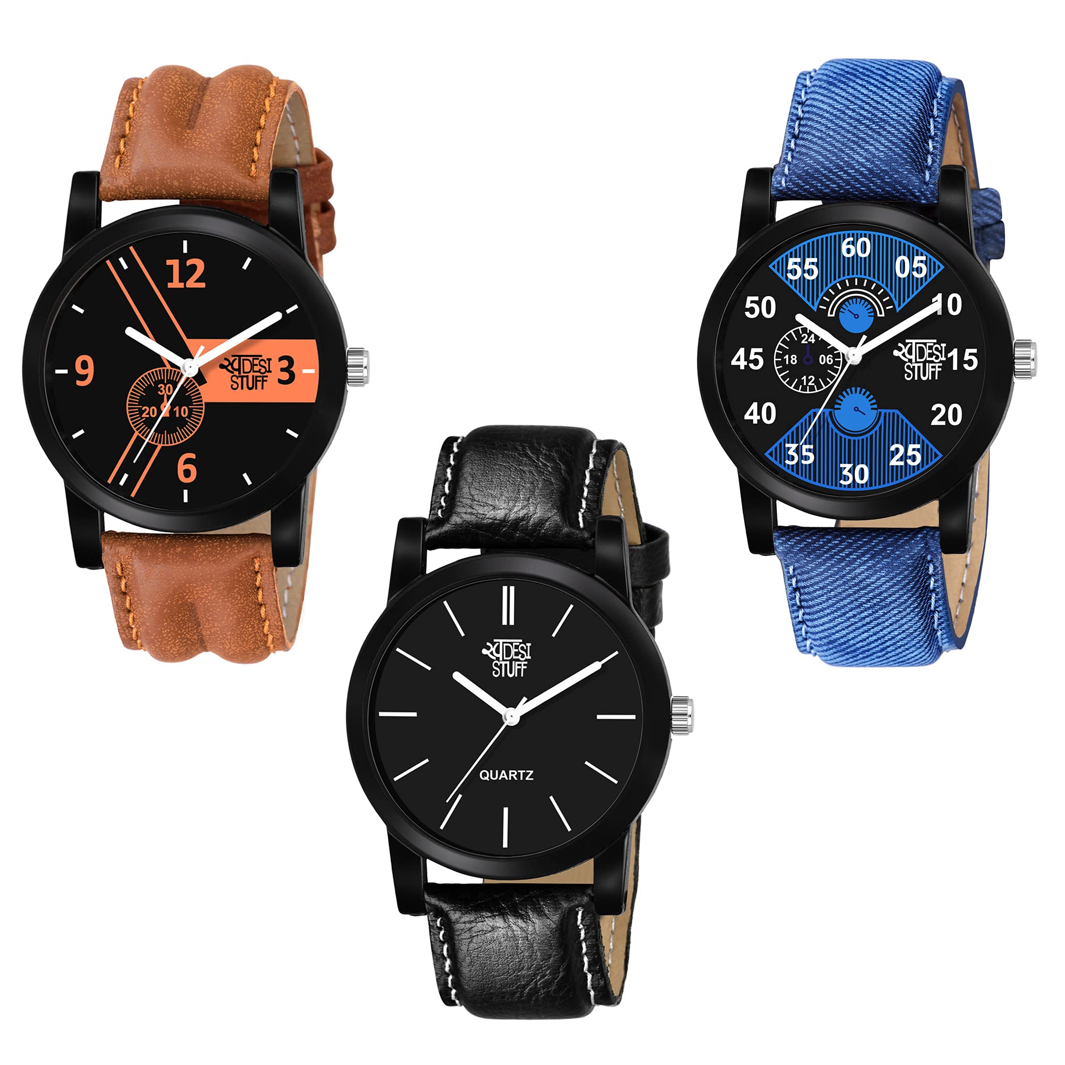 SWADESI STUFF Leather Analogue Men Watch (Pack Of 3) (Multicolored Dial Multicolored Colored Strap), Black Band (B097YCDDV6) Amazon Price History, Amazon Price Tracker