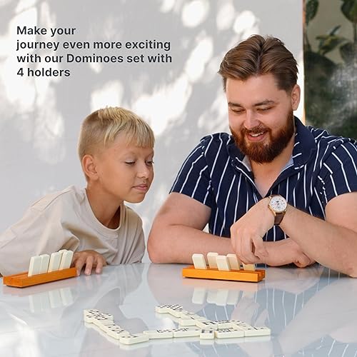 Miniatura 8 de Queensell Juego de dominó para adultos con 4 bastidores de dominó  Juego de dominó doble de 6 con soporte para dominó, juegos de mesa clásicos para