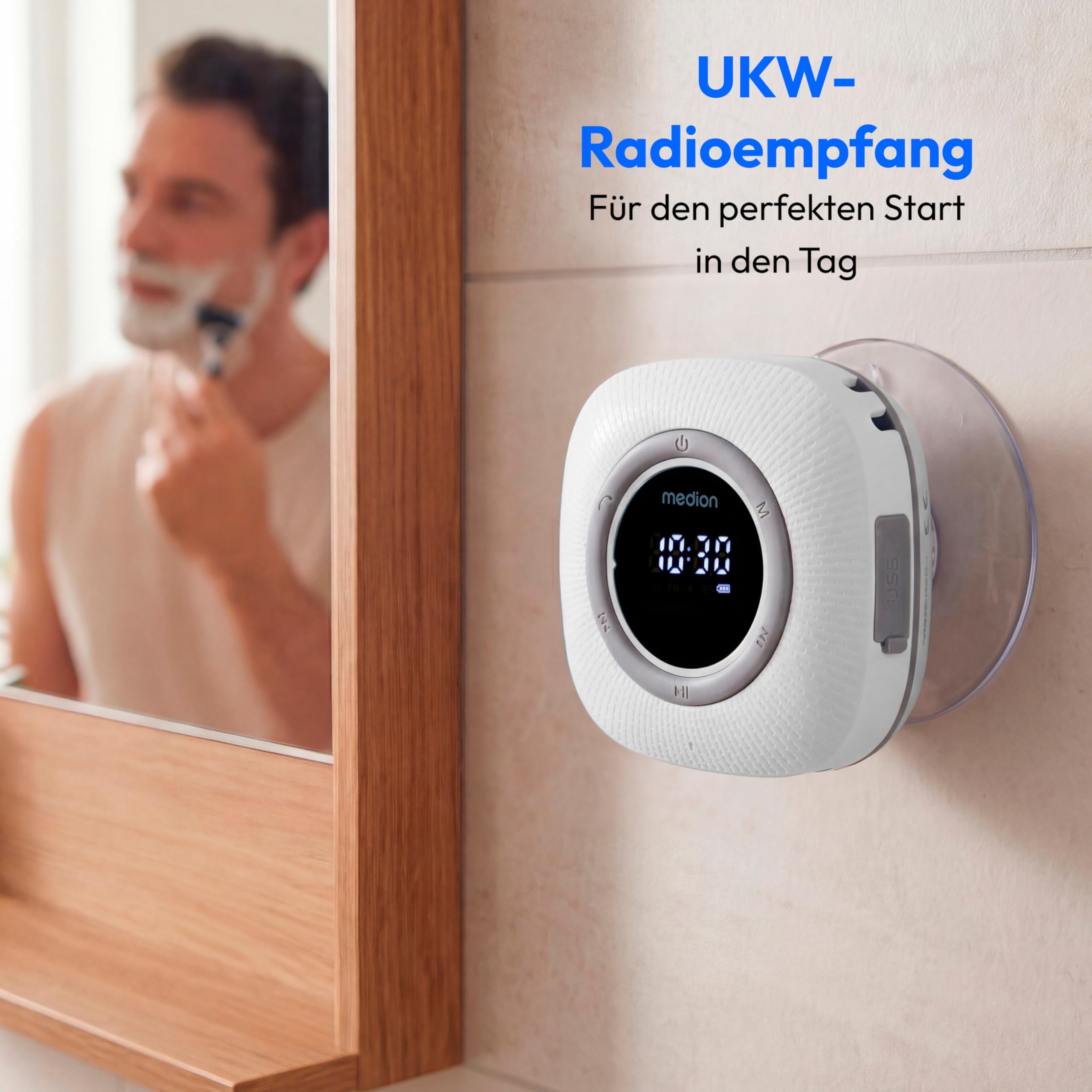 MEDION S66884 Duschradio mit Bluetooth (Badradio, UKW Radio, Saugnapf, LED-Display, IPX6 Wasserdicht, integrierter Akku, MD43884) weiß