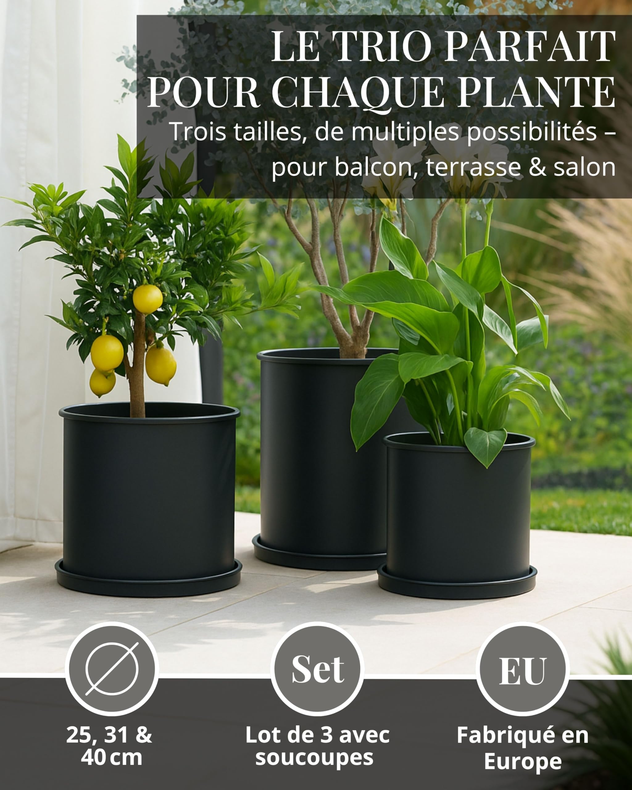Livlig53 LIVLIG Ensemble de pots de fleurs avec soucoupe, pot de 25 cm de diamètre et pot de fleurs de 30 cm de diamètre et pot de fleurs de 40 cm de diamètre, grand pot de fleurs extérieur et
