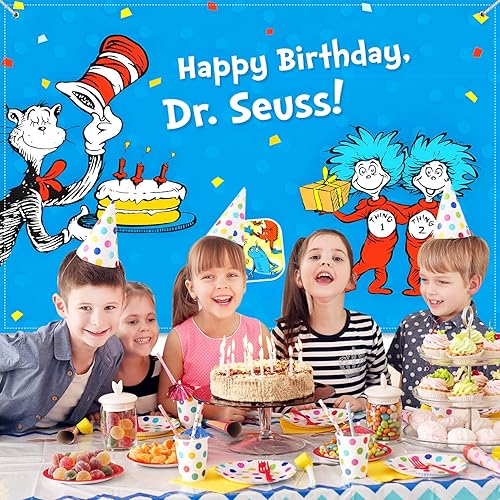 Miniatura 2 de Decoraciones de fiesta de cumpleaños del Dr. Seu, pancarta de fondo de feliz cumpleaños de 5 x 3 pies, fondo de fotos azul y rojo para niños y