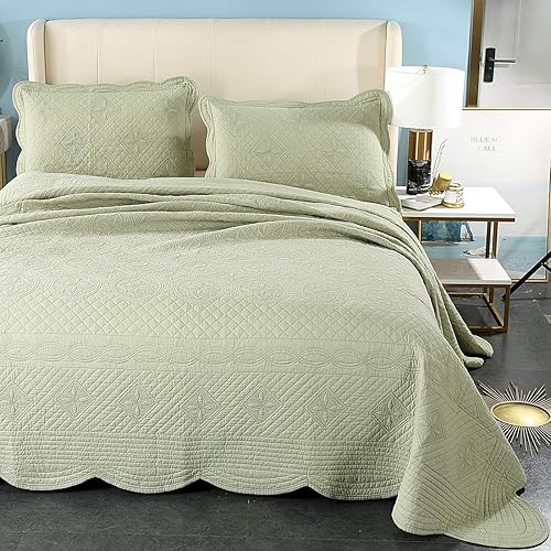 Miniatura 9 de vctops Juego de edredón de 3 piezas, 100% algodón, tamaño matrimonialqueen, bordado, reversible, ligero, acolchado, para todas las estaciones (azul,