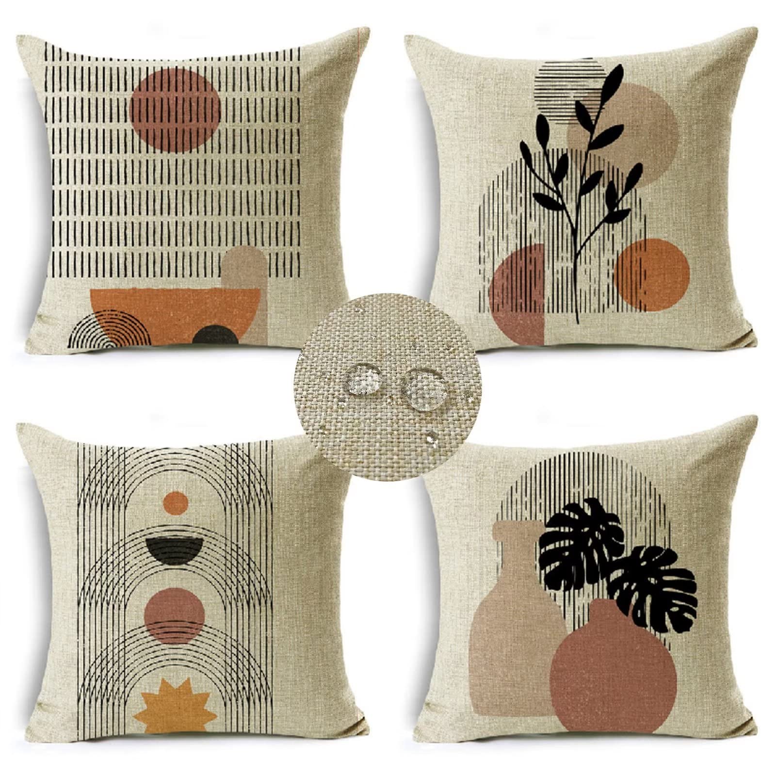 Lot De 4 Housse De Coussin Arbre Montagne 80x80 Cm Imperméable Lin Beige