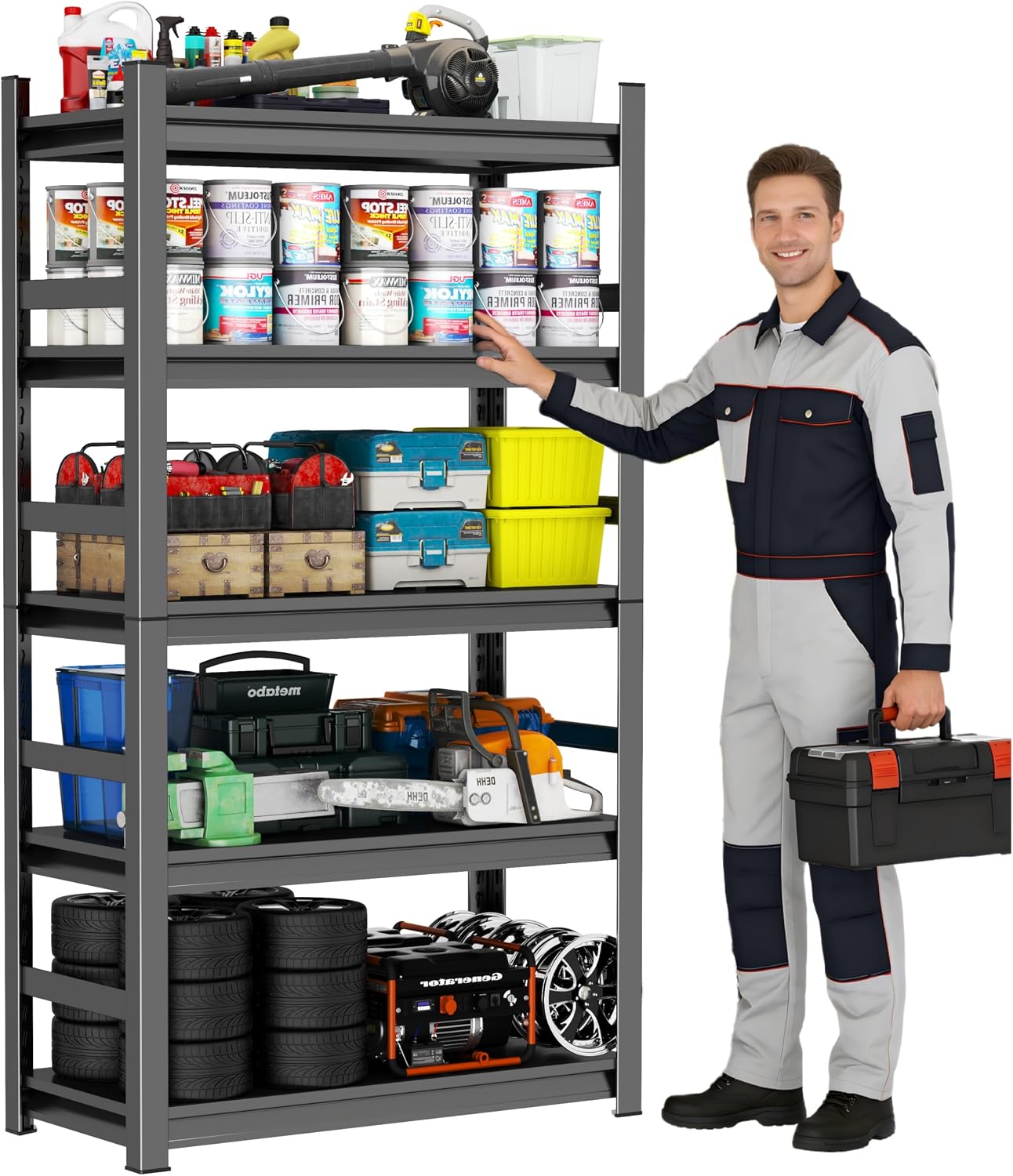 72" H Garage Shelving, 5-Tier Heavy Duty Storage Shelves with Fences, Adjustable Metal Shelving Unit, Utility Organizer Rack for Basement, Pantry, Kitchen, Warehouse,16" Dx36 Wx72 H, Black