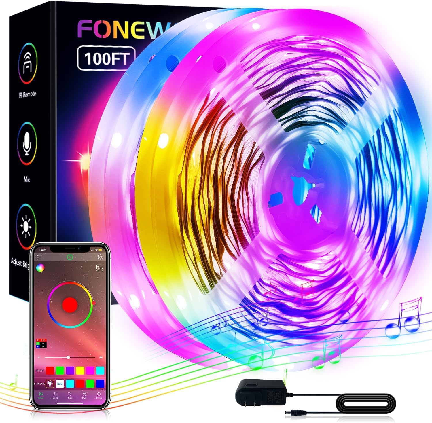 FONEWE Led Lights for Bedroom 100 ft LED Strip Lights Bluetooth Music Sync Led Lights with APP and Remote Control RGB 5050 Color Changing Led Light Strip for Room Decor Christmas Strip Lights