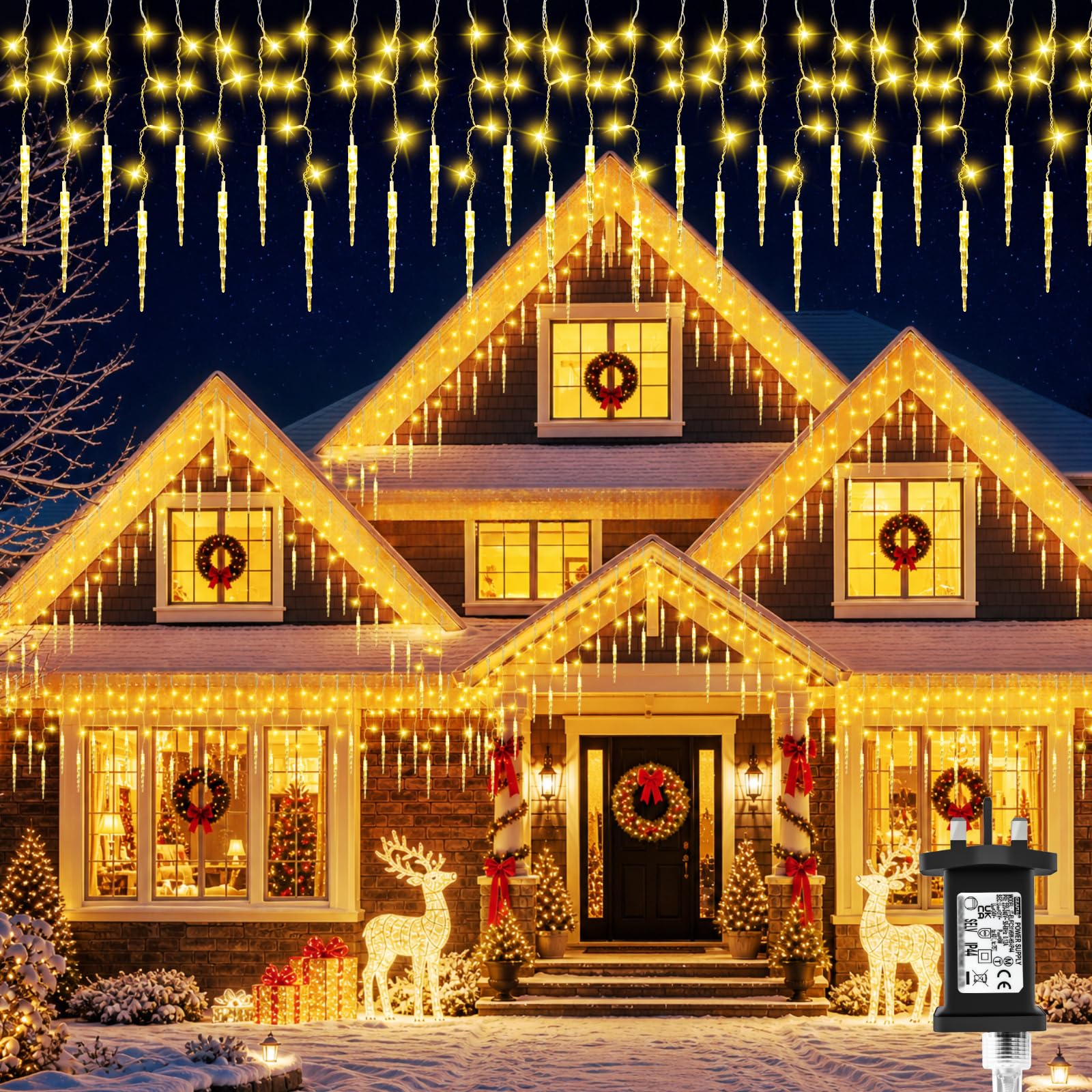 Gcstnn Icicle Lights Outdoor, 8M 135LEDs Icicle Christmas Lights Mains Powered with Timer & Waterproof &Memory Hanging Fairy Light for Outside House Gutter Roof Window Wall Xmas Decorations-WarmWhite