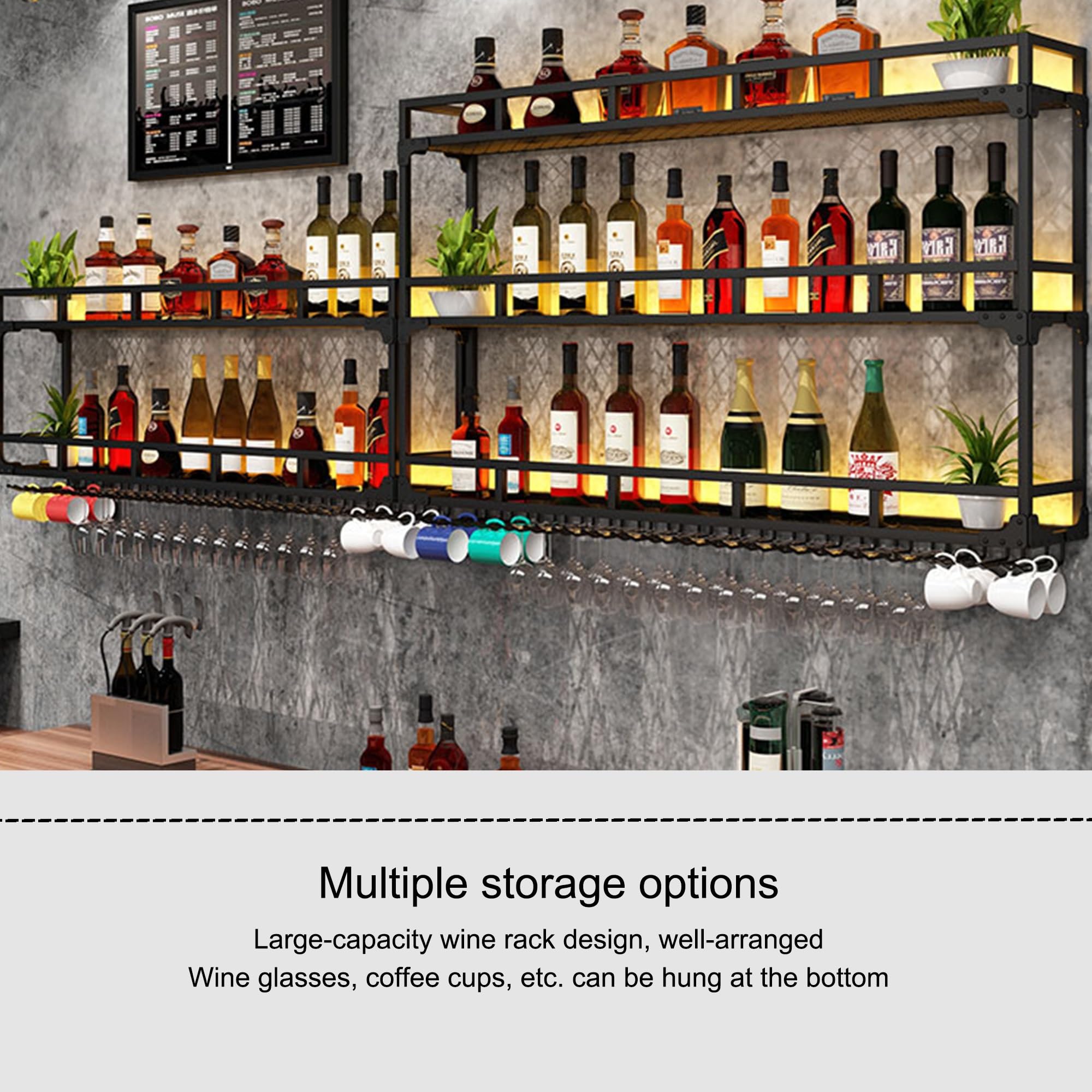Porte Bouteille Casier à Bouteilles Mural avec Lumière Range Bouteille Etagere Murale Meuble Bar avec Support Verre a Pied Suspendu pour Comptoir de Bar Salon Cuisine Cave(Nero,80*25*54cm)