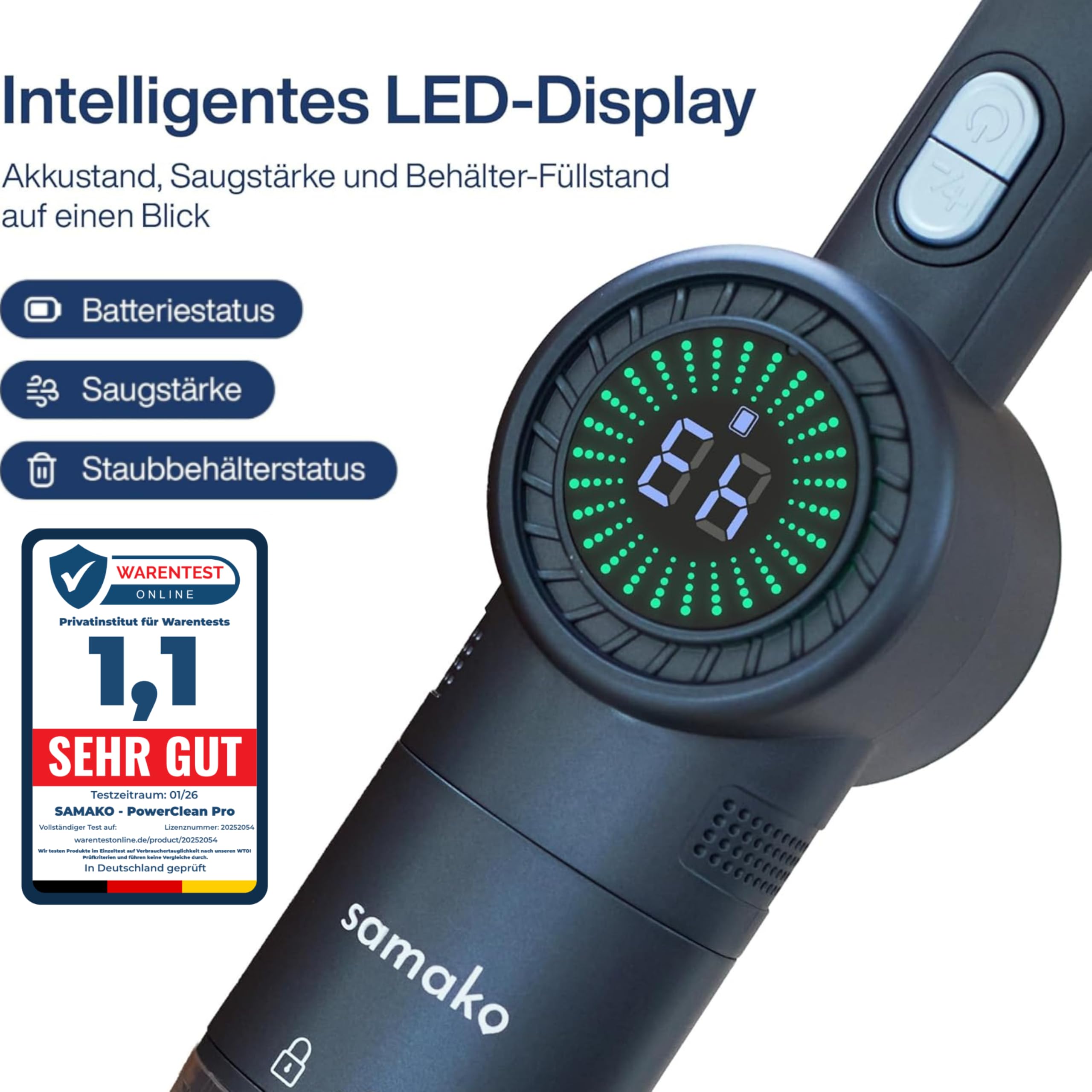 Samako Akku-Staubsauger, 13,5 kPa mit LED-Anzeige NanoDetect Pro Staubsauger, Ultraleicht (0,85 kg), HEPA-Filter, Ladestation, Fugendüse und Flexibler Schlauch für Auto, Sofa und Haushalt