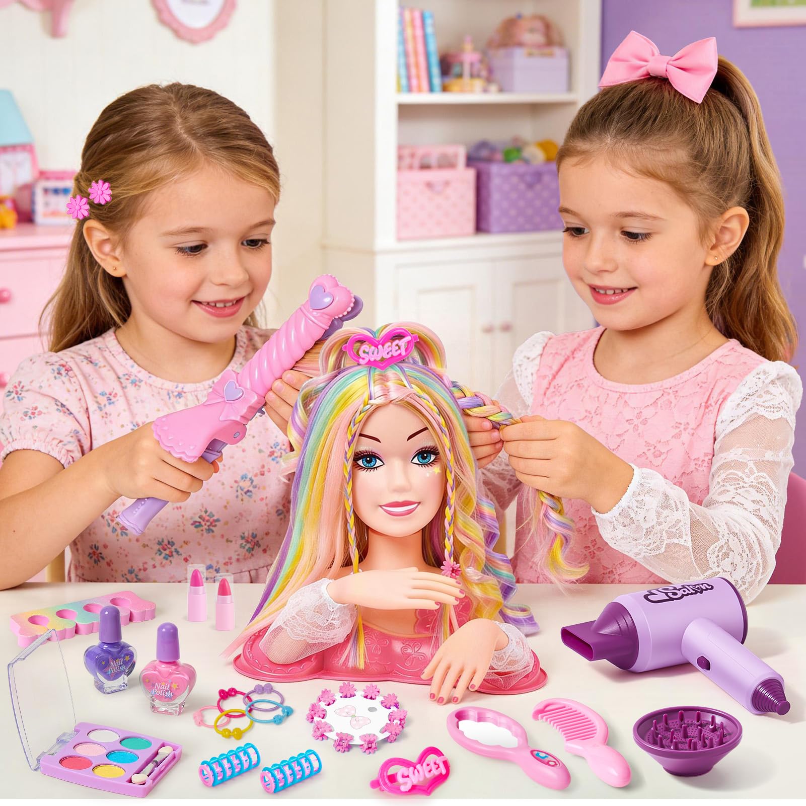 vamei Testa Bambola da Truccare e Pettinare, Set Parrucchiera con Asciugacapelli Smalto Unghie Trucchi e Accessori per Capelli, Giocattoli Salone Giochi Bambini Regalo Bambina 3 4 5 6 7 8 Anni