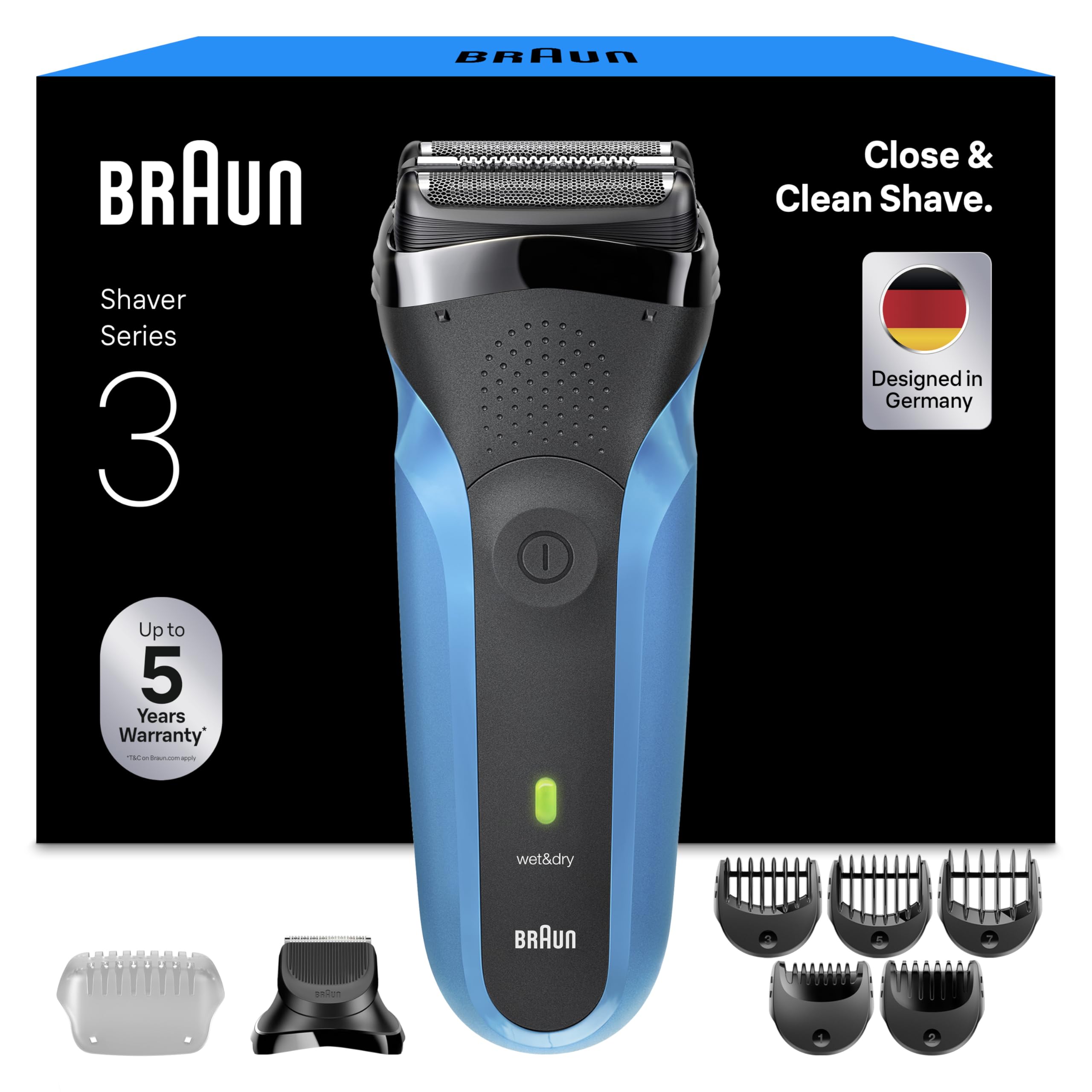 Braun Series 3 Rasierer Herren Elektrisch, Elektrorasierer mit 3 Flexible Klingen, Rasierapparat, Barttrimmer Aufsatz, +5 Kammaufsätze, Nass- & Trockenrasierer für Männer, 310BT, Blau