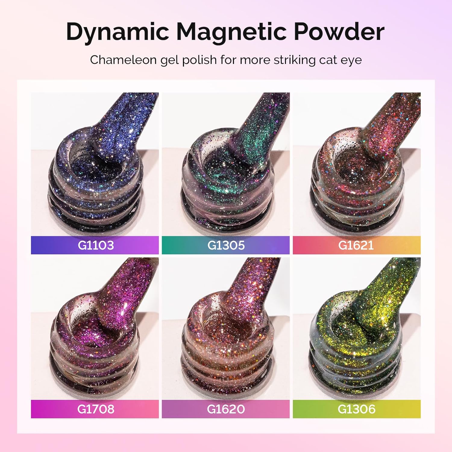 MelodySusie Chameleon Cat Eye Gel Nail Polish Set 6 PCS, 15ml 0.5 Fl Oz Nude Pink Silver Glitter Holographic Magnetic Nail Polish with Magnet, UV Nail Polish for Nail Art Manicure Salon DIY at Home