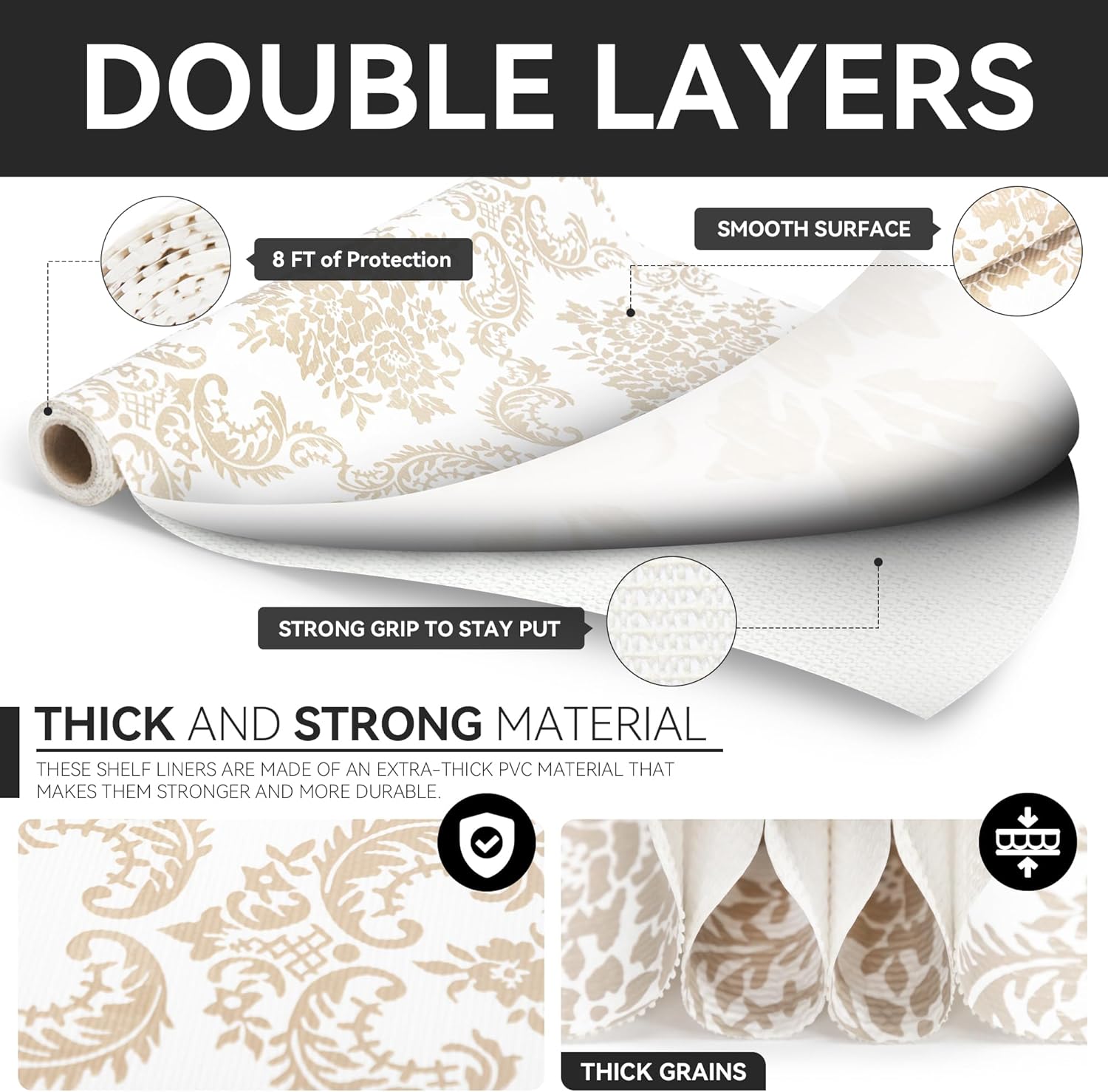 RAY STAR Cabinet Liner, 18 Inch x 24 Feet Shelf Paper for Kitchen Cabinets Non Adhesive Non Slip Grip Bottom Removable Shelf Liner Waterproof Vinyl Mat for Pantry Drawer Under Sink (Gold Damask)