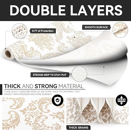 Miniatura 7 de RAY STAR Revestimiento para estantes, revestimiento floral de damasco dorado no adhesivo para cajón de despensa, agarre fuerte, antideslizante,