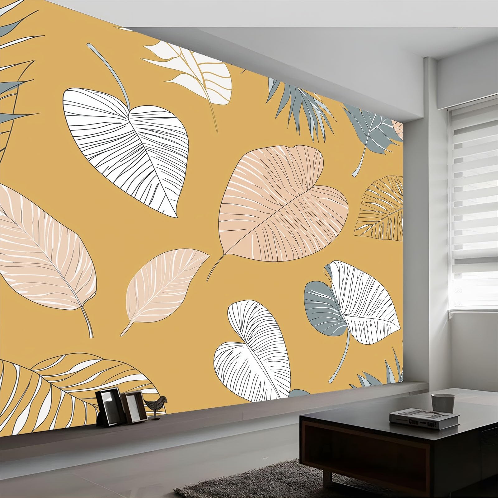 Fototapeta z motywem tropikalnych liści, kwiatów, minimalistyczna tapeta 250 x 175 cm, efekt 3D, obraz ścienny, tapeta ścienna, nowoczesna tapeta ścienna, do salonu, pokoju dziecięcego, sypialni, tło
