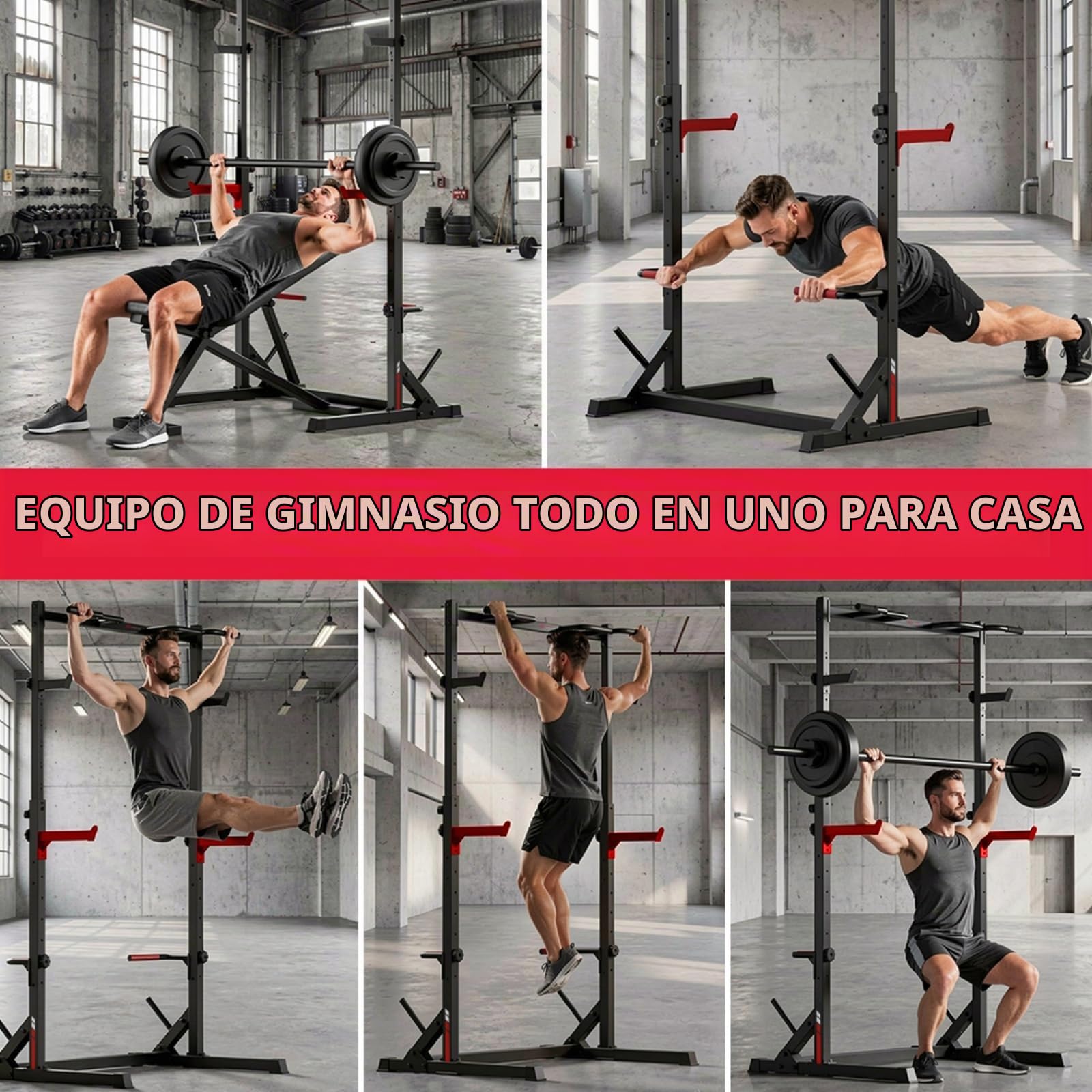 Rack de Sentadillas Multifuncional con Barra de Dominadas, Soporte Totalmente Ajustable, Capacidad de Carga 300 KG, Jaula de Potencia de Acero Reforzado para Entrenamiento de Fuerza en Casa