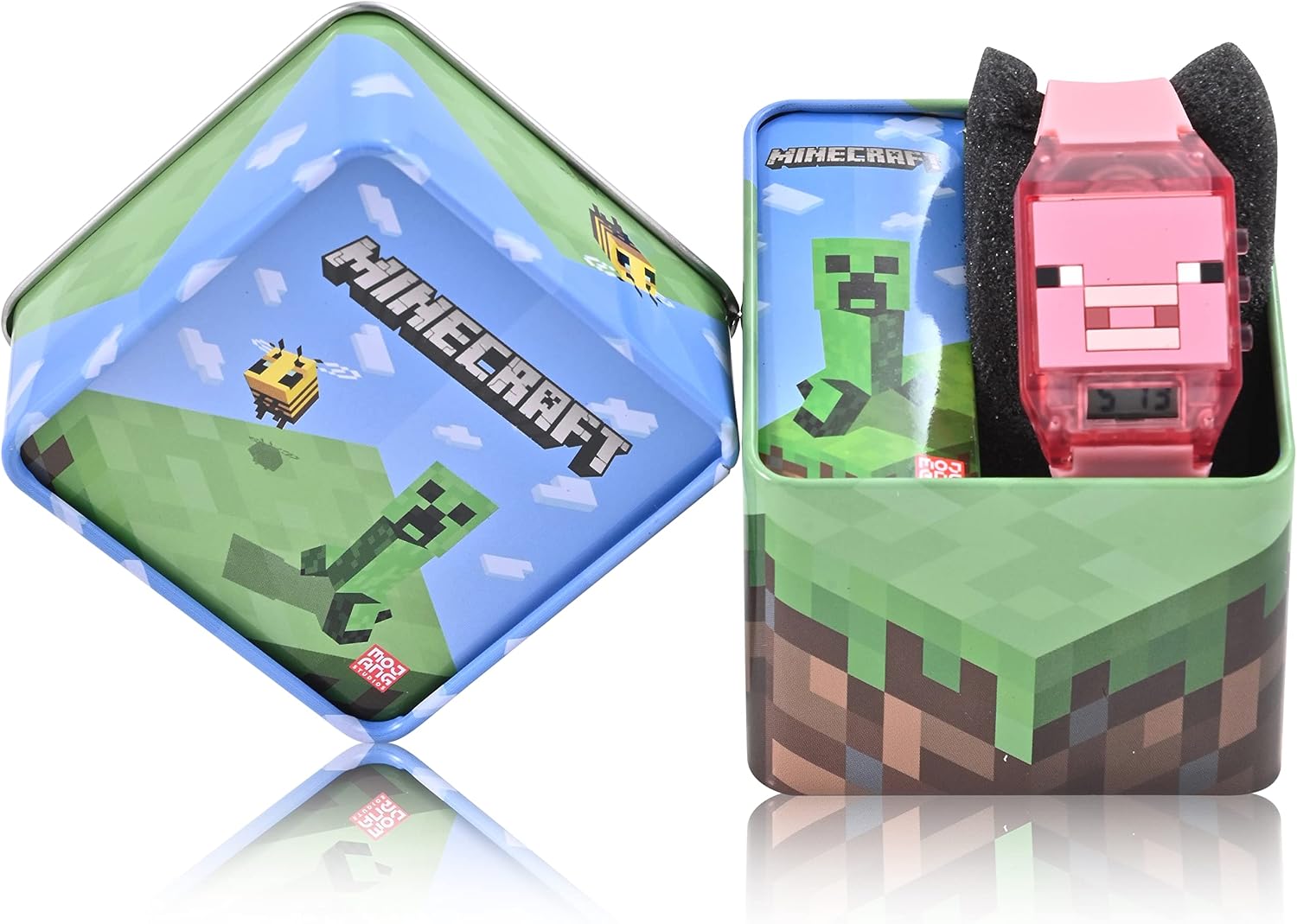 Minecraft Pig Digital Watch for Kids with LCD Display, Flashing LED Lights, Soft Pink Silicone Strap, Fun Character Face Design, Fits Wrists 5.5” to 8”