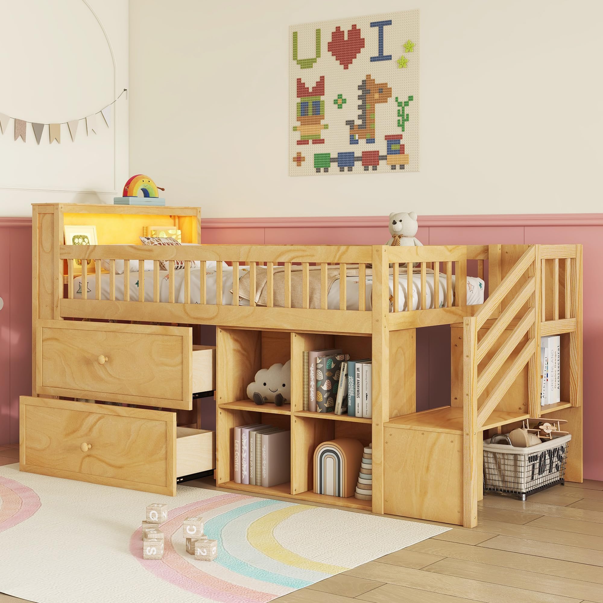 Low Loft Bed with LED Lights and Bookshelf, Wooden Kids Loft Bed with Stairs and Safety Guardrail, Low Loft Bed Twin with 2 Storage Drawers and