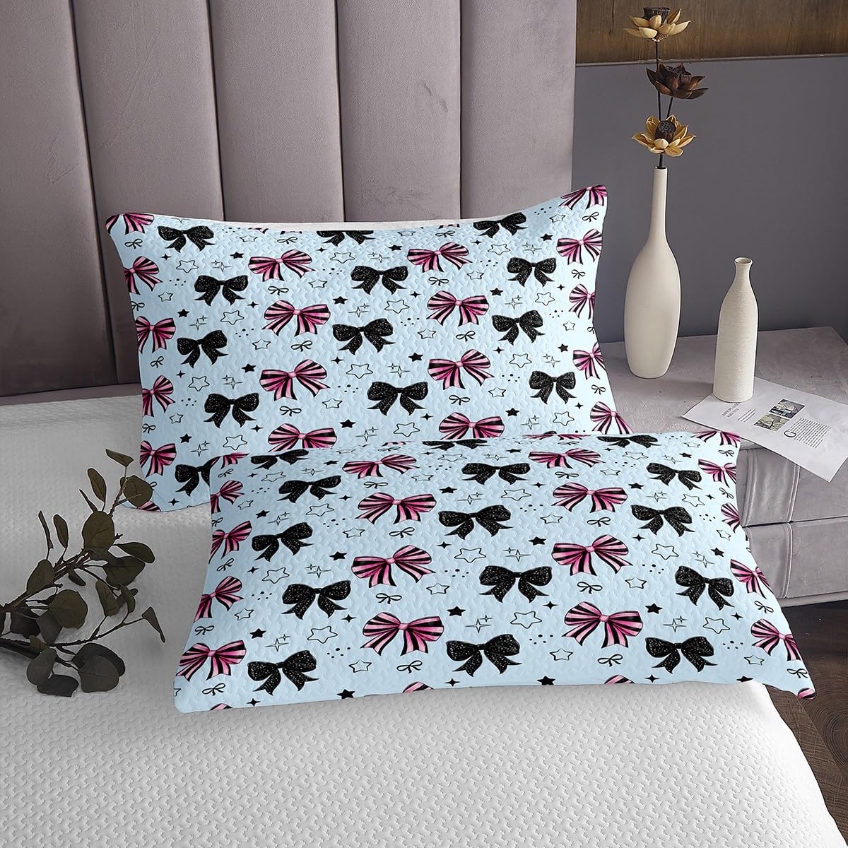 Kawaii Bowknot pościel dla dzieci, chłopców, różowe i czarne paski, motyw muchy, zestaw do sypialni, urocze gwiazdki, piękny szkic ręczny, zestaw z 1 poduszką Sham, rozmiar S