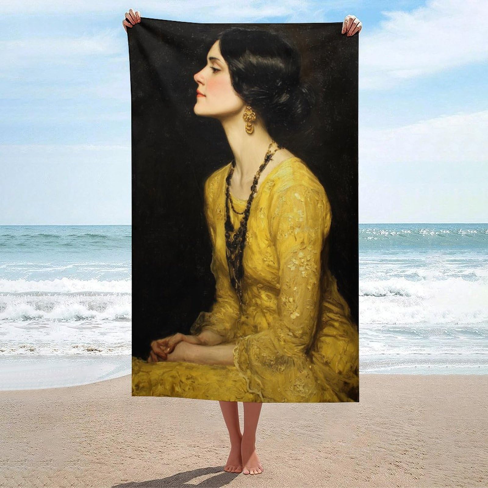 asbwuo Elegant Woman in Yellow Dress Gold Earrings Beach Towel