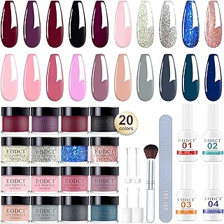 EODCI Polvo de uñas para principiantes, 20 colores, azul, rosa, rojo, juego de polvos de inmersión líquida con base y capa superior activador French Dip Powder para DIY Home Dip Manicure Sets